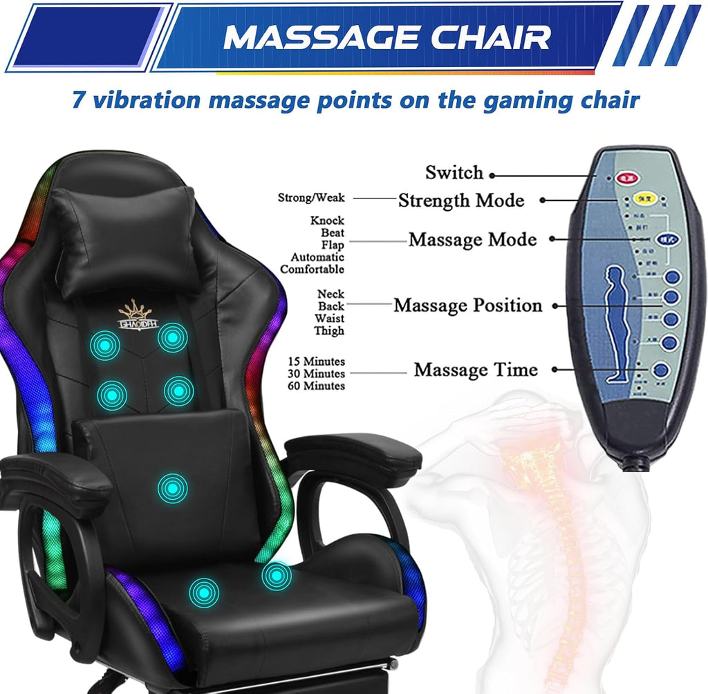 RGB Gaming Chair with Massage and Footrest Large Ergonomic Computer Desk Chair Video Gaming Chair with Speakers and Lumbar Support Height & Angles Adjustable Reclining Gamer Chair,Red