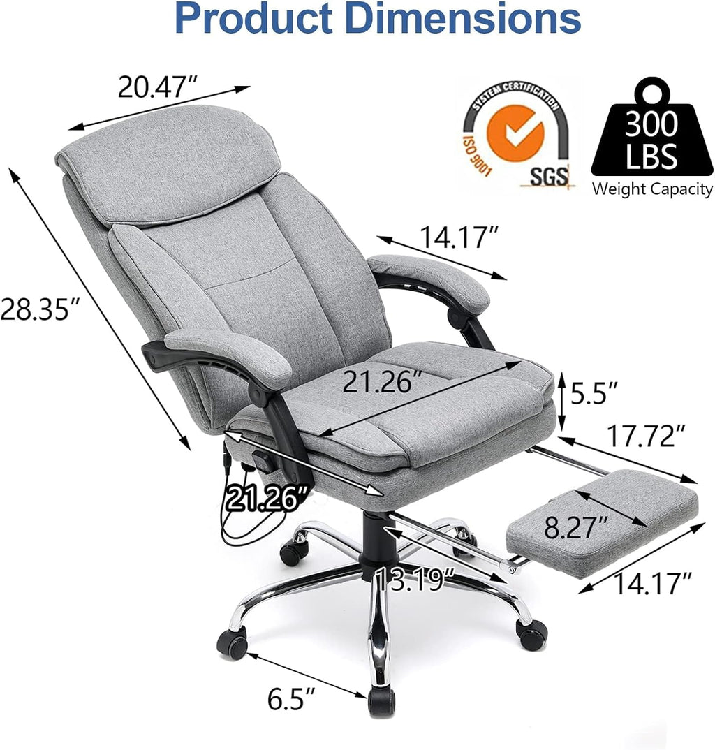 HOMREST Reclining Office Chair with 4-Point Massage, Breathable Fabric Executive Chair with Retractable Footrest, Ergonomic Computer Chair with High Back, Reclining Gaming Chair for Home, Grey