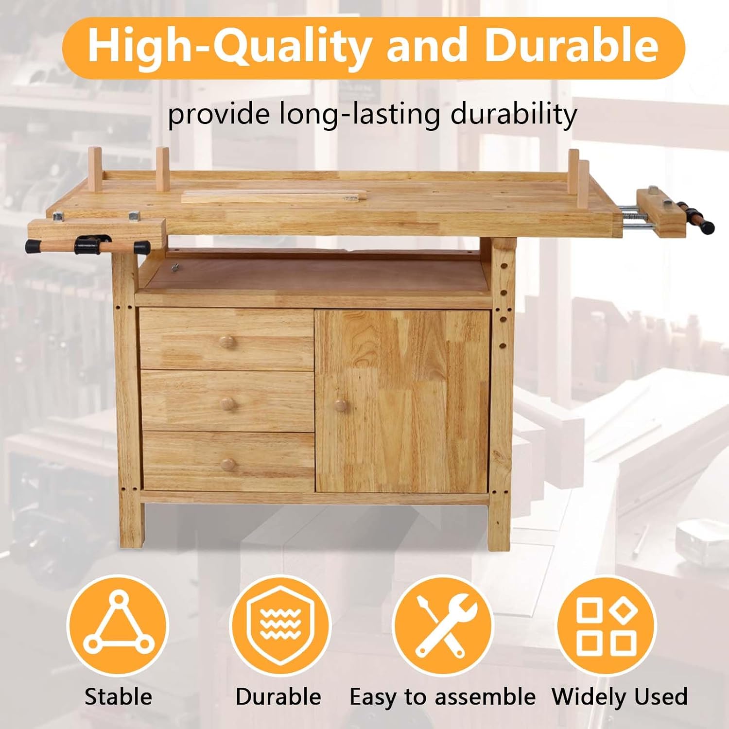 55' Rubber Wood Workbench, Heavy Duty Work Bench with Drawer& Shelf, Work Bench Table for Garage, Workshop, Home Storage, Woodworking Bench, 330 lbs Weight Capacity (55 ')