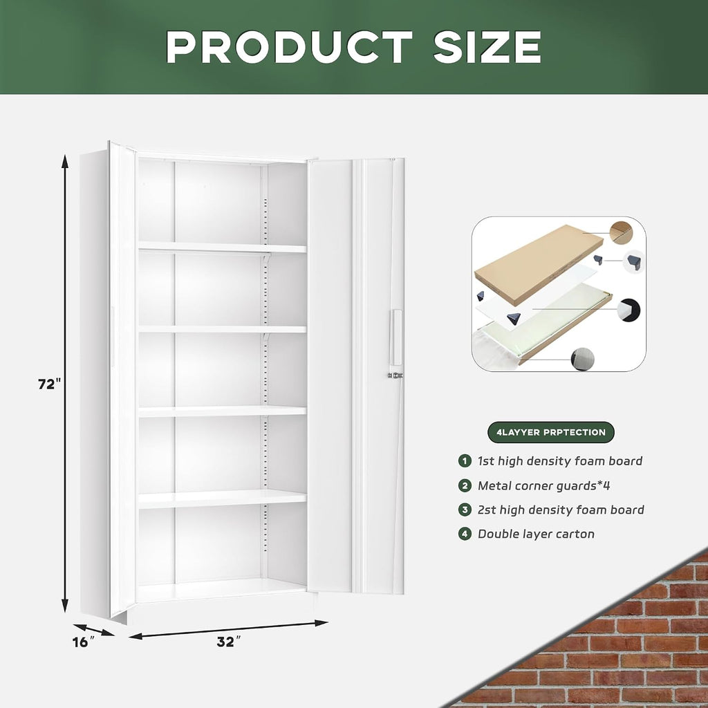 Greenvelly Metal Storage Cabinet, 72' Locking Metal Garage Storage Cabinet with Doors and 4 Adjustable Shelves, White Lockable Steel Cabinet for Home Office, Garage, Shop, School (32' W x 16' D)