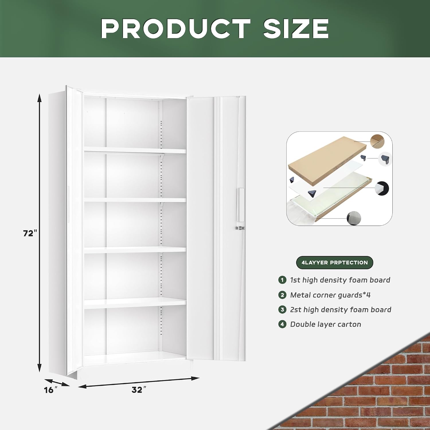 Greenvelly Metal Storage Cabinet, 72' Locking Metal Garage Storage Cabinet with Doors and 4 Adjustable Shelves, White Lockable Steel Cabinet for Home Office, Garage, Shop, School (32' W x 16' D)