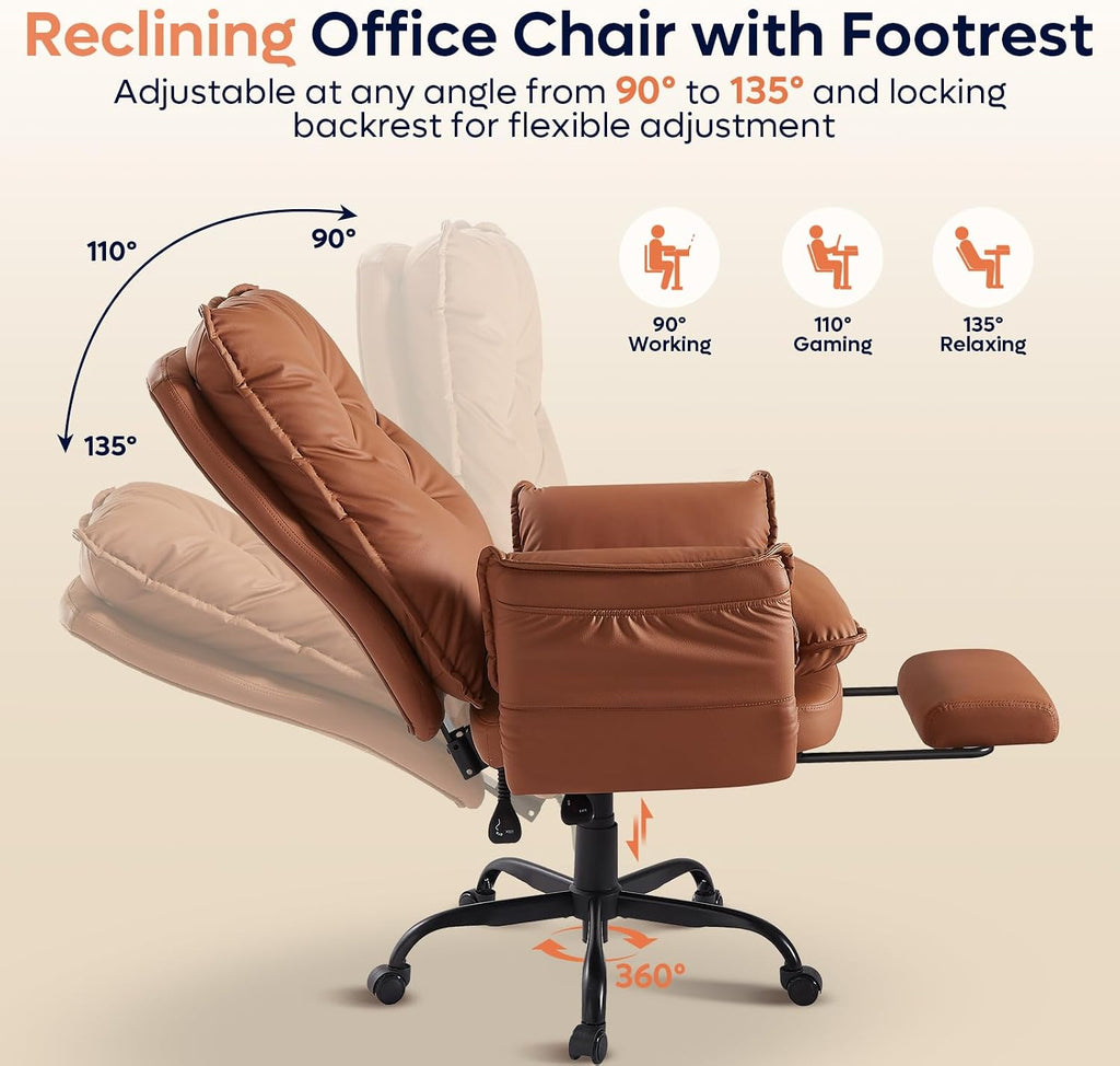 Bestier Cross Legged Office Chair with Footrest, High Back Criss Cross Chair with Reversible Armrests and Wheels, Big and Tall Reclining Office Chair for Home PU Leather Brown