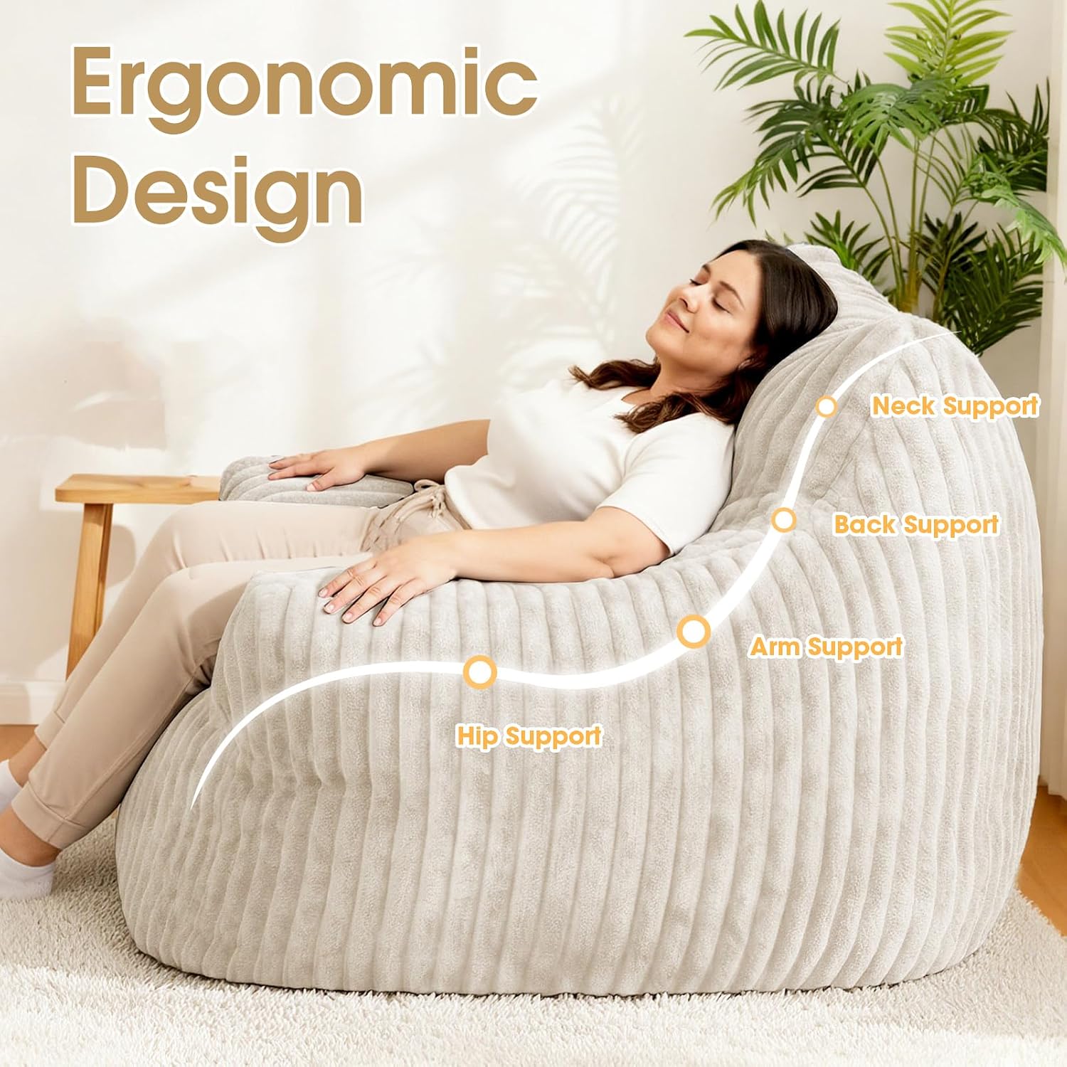 Giant Bean Bag Chair, Oversized Plush Comfy Bean Bag Sofa for Adults and Kids with Armrests, Memory Foam Mini Couch Single Lounges for Living Room, Bedroom & Game Room(Beige)