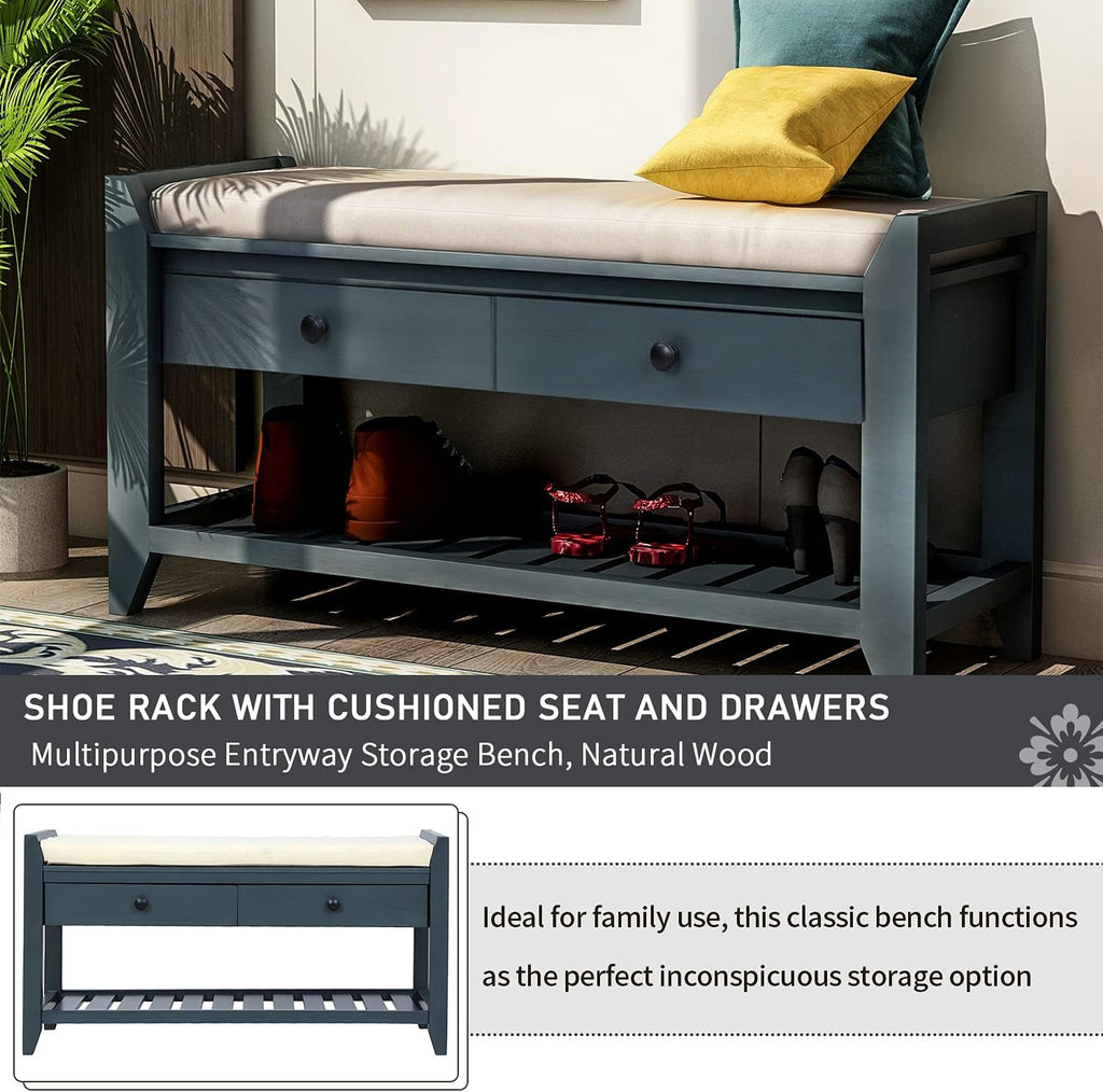 Harper & Bright Designs TREXM Shoe Rack with Cushioned Seat and Drawers, Multipurpose Entryway Storage Bench (Antique Navy)