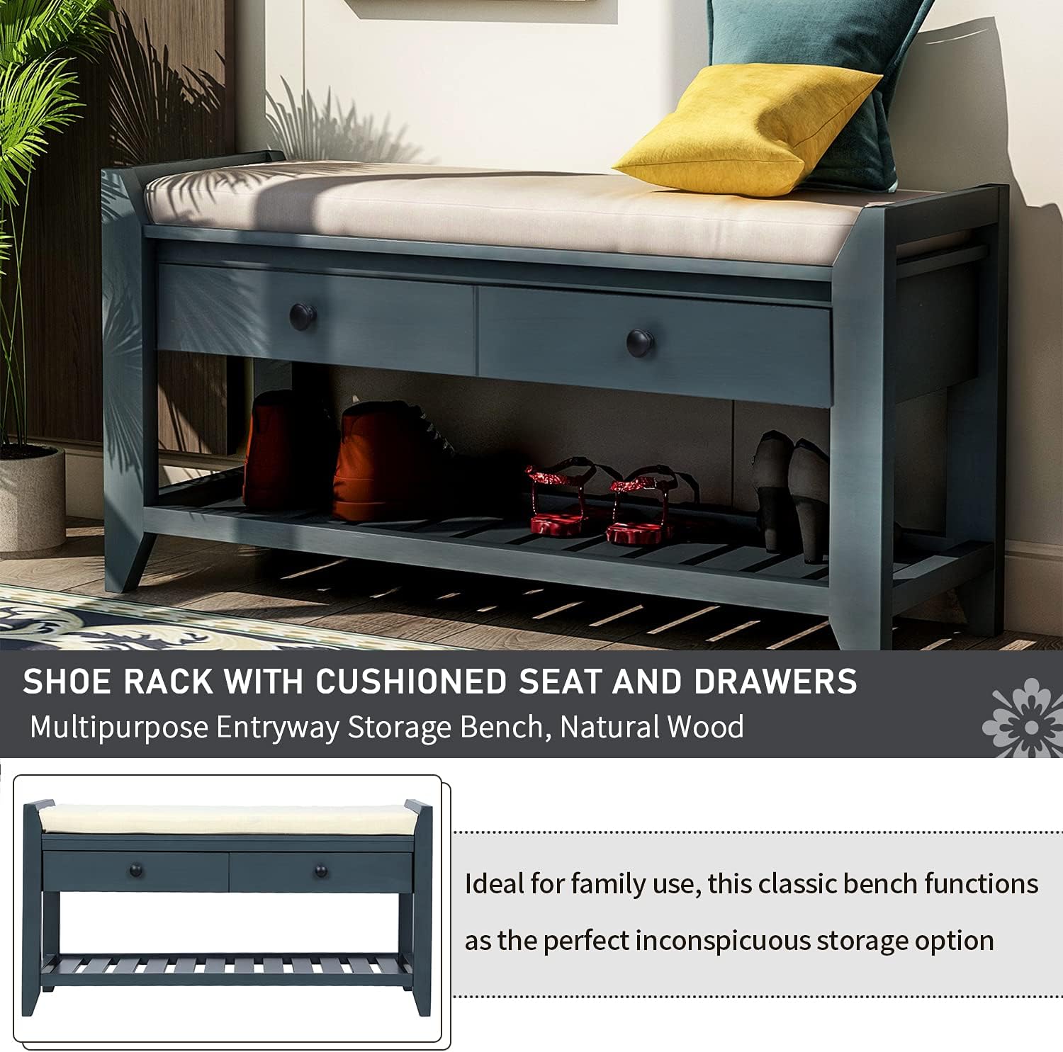 Harper & Bright Designs TREXM Shoe Rack with Cushioned Seat and Drawers, Multipurpose Entryway Storage Bench (Antique Navy)
