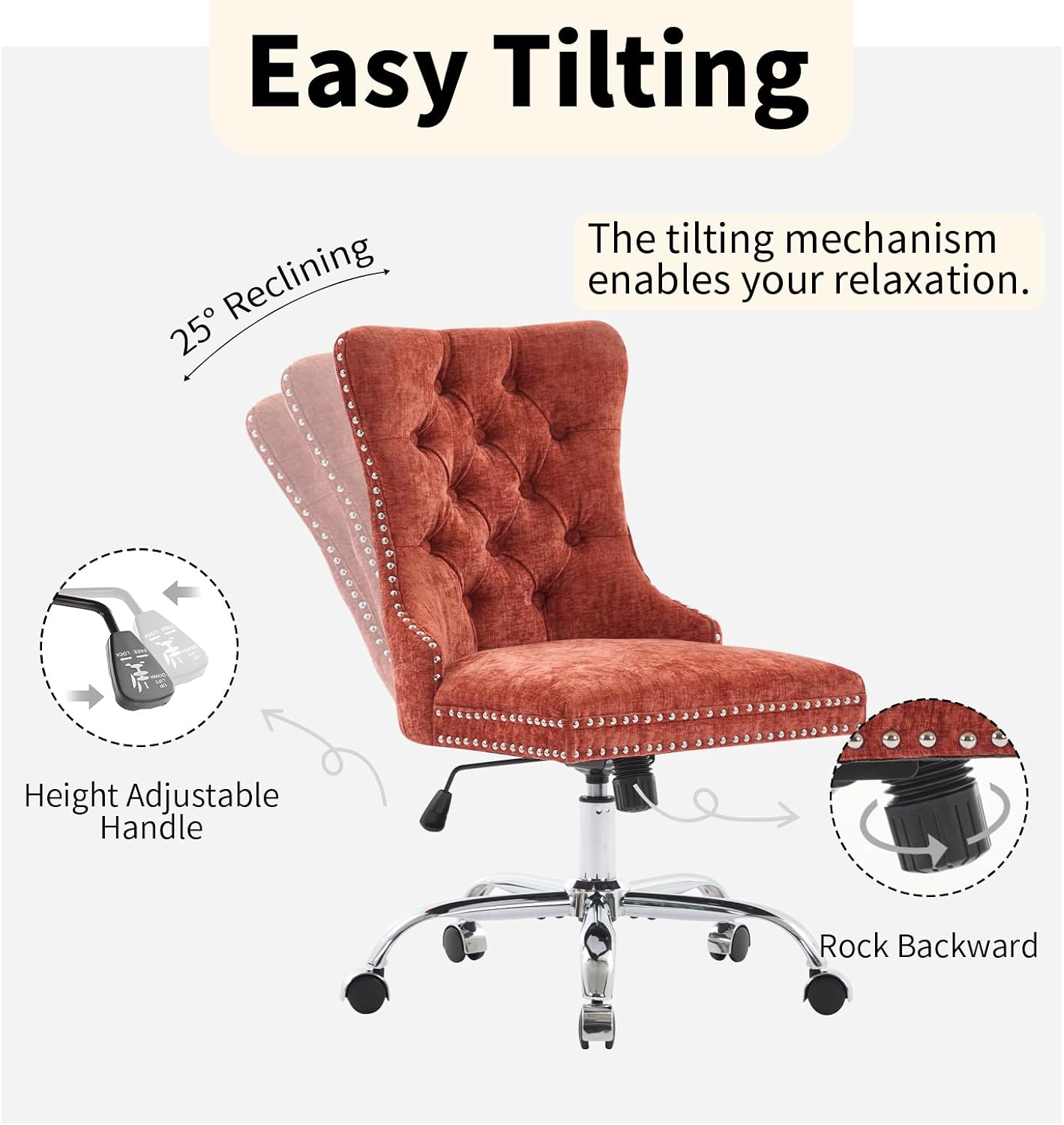 Home Office Chair with Wheels & Silver Base, Cute Chenille Fabric Makeup Vanity Chair with Tufted Back for Bedroom, Upholstered Adjustable Swivel Comfy Desk Chair for Girls Women, Orange