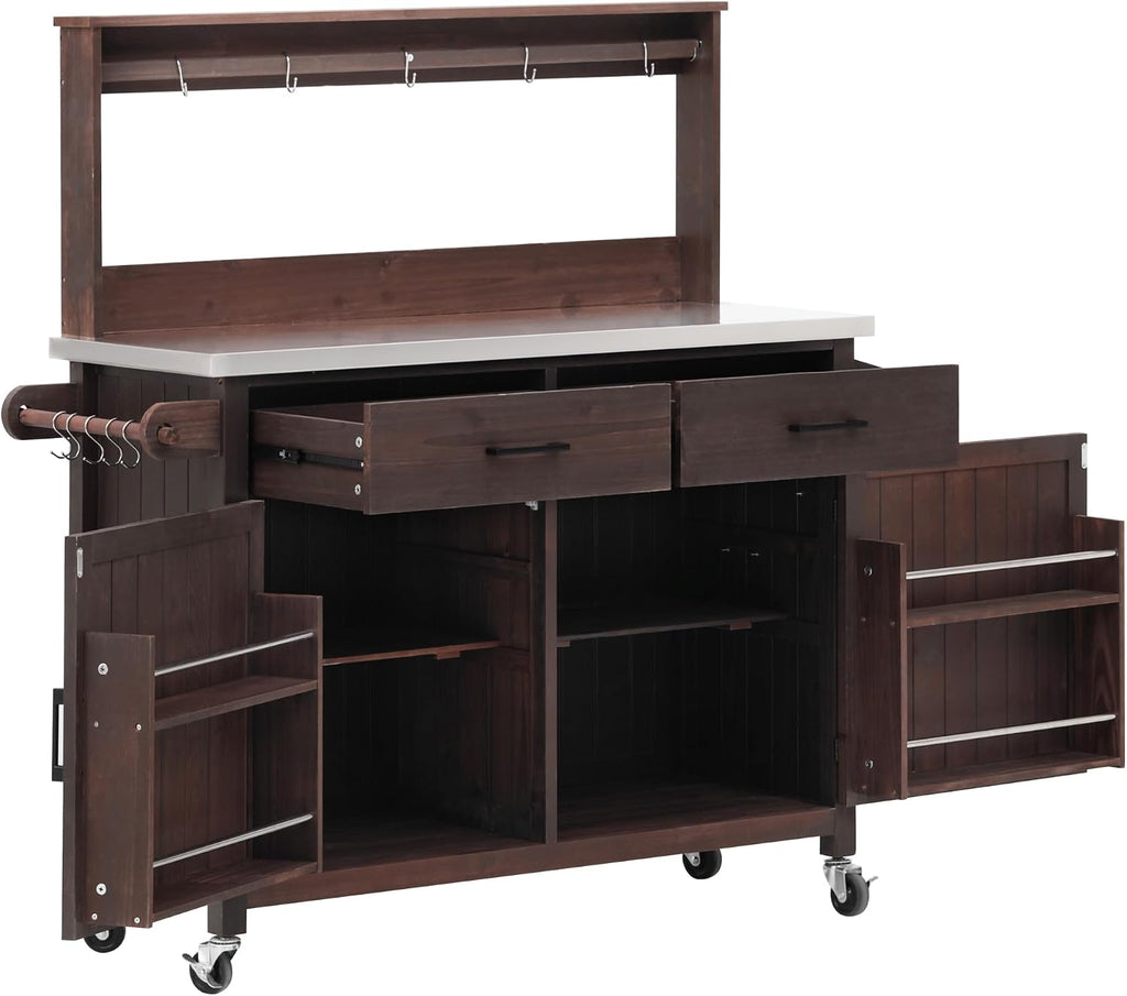 LUMISOL Outdoor Grill Cart with Stainless Steel Top, Solid Wood Kitchen Island with Lockable Wheels & High Shelf, Large Outdoor Potting Bench Table with Storage Cabinet & Towel Rack, Brown
