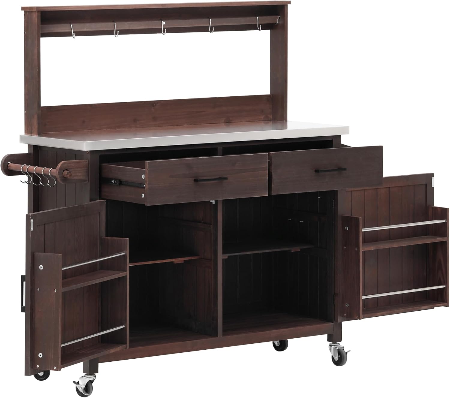 LUMISOL Outdoor Grill Cart with Stainless Steel Top, Solid Wood Kitchen Island with Lockable Wheels & High Shelf, Large Outdoor Potting Bench Table with Storage Cabinet & Towel Rack, Brown