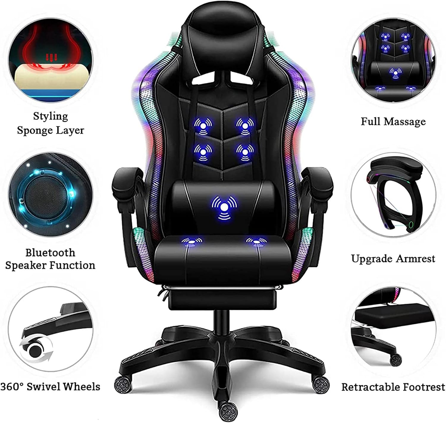 Gaming Chair with Speakers and RGB Lights, Video Game Chairs Ergonomic Pro Office Chair with Full Massage Lumbar Support, 90°-135° Backrest Adjustable Computer Chairs with Footrest,Red