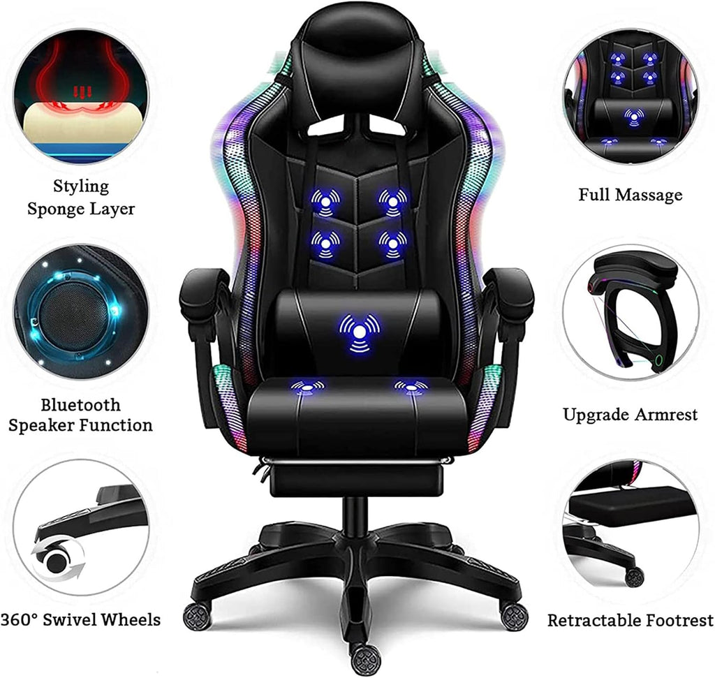 Gaming Chair with Speakers and RGB Lights, Video Game Chairs Ergonomic Pro Office Chair with Full Massage Lumbar Support, 90°-135° Backrest Adjustable Computer Chairs with Footrest,White