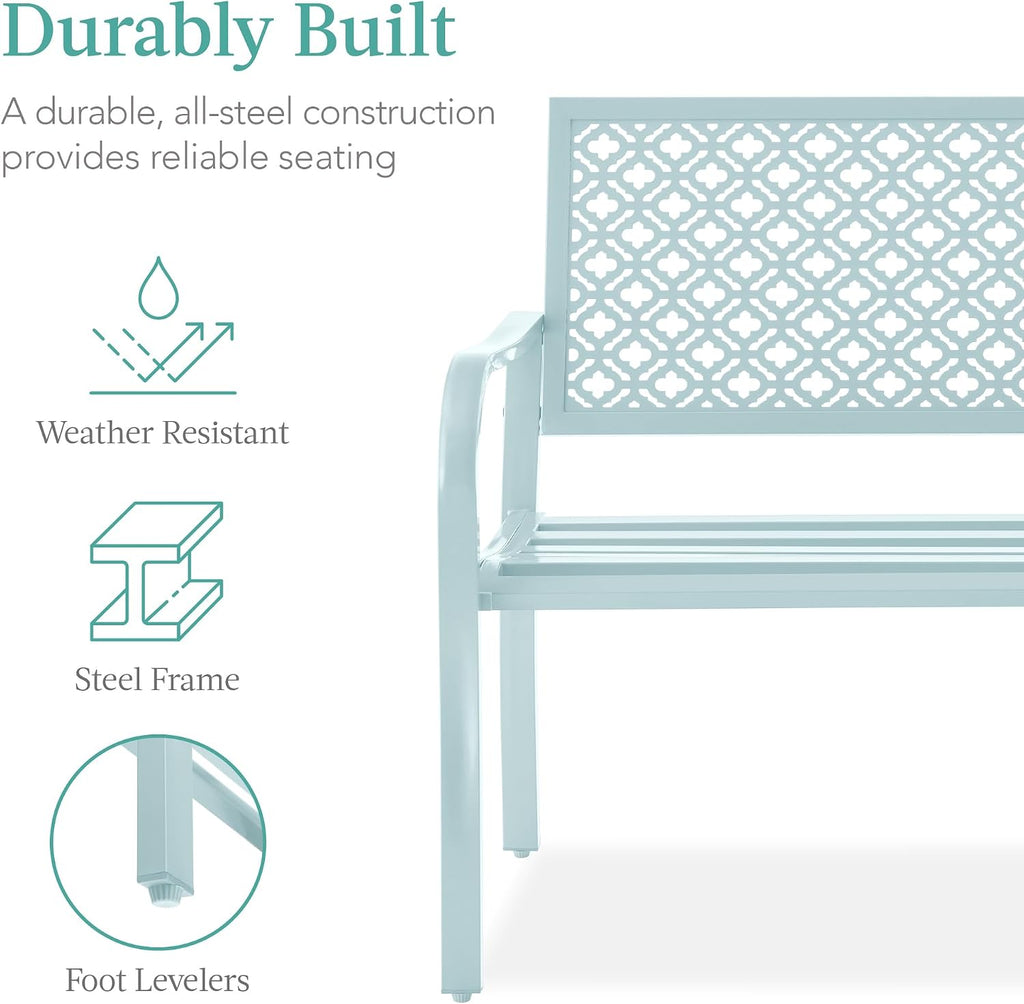 Best Choice Products Outdoor Bench 2-Person Metal Steel Benches Furniture for Garden, Patio, Porch, Entryway w/Geometric Backrest, 790lb Capacity - Sky Blue