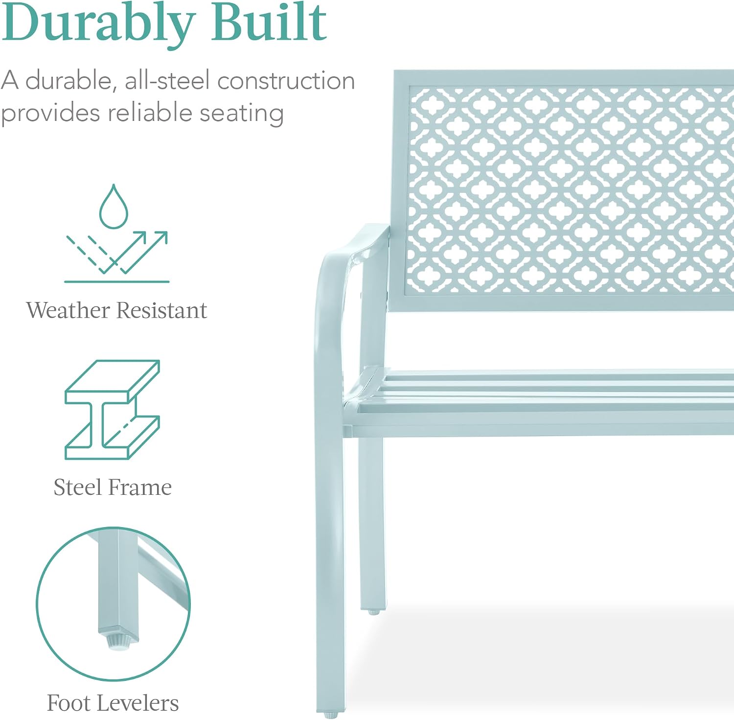 Best Choice Products Outdoor Bench 2-Person Metal Steel Benches Furniture for Garden, Patio, Porch, Entryway w/Geometric Backrest, 790lb Capacity - Sky Blue