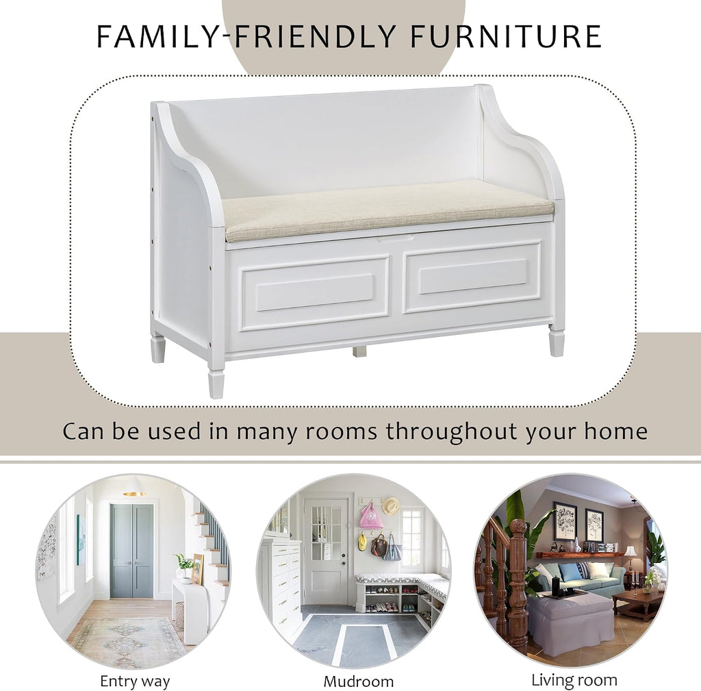 Bellemave Storage Bench with Safety Hinge Wooden Entryway Benches with Shoe Cabinets Under Seat Multifunctional Storage Bench for Entryway, Foyer or a Mudroom (White + Beige)