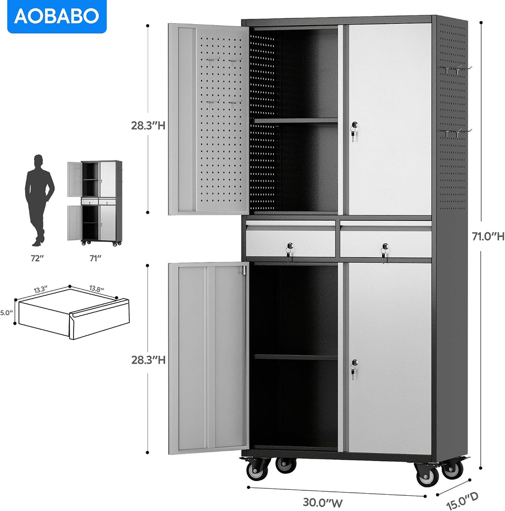 Aobabo Garage Storage Cabinet with 2 Drawers, Metal Storage Cabinet with Wheels for Garage Home,Assembly Required,Black&Silver