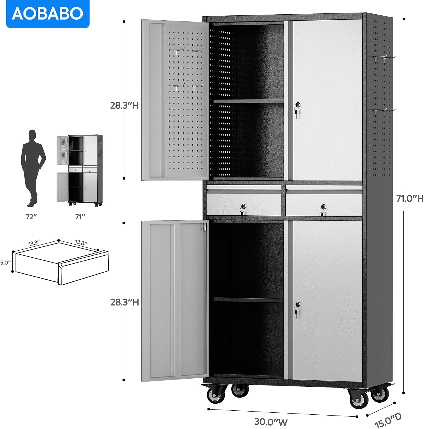 Aobabo Garage Storage Cabinet with 2 Drawers, Metal Storage Cabinet with Wheels for Garage Home,Assembly Required,Black&Silver