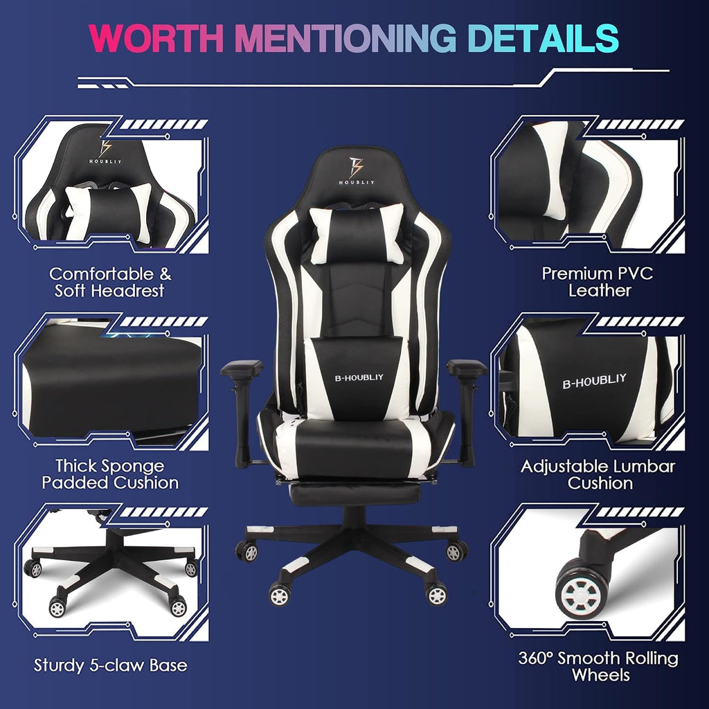 RGB Gaming Chair Office Chair with 4D Armrest Racing Game Chair with Speakers and LED Lights PU Leather High Back Ergonomic Massage Computer Chair for Heavy People Lumbar Support PC Chair,Black