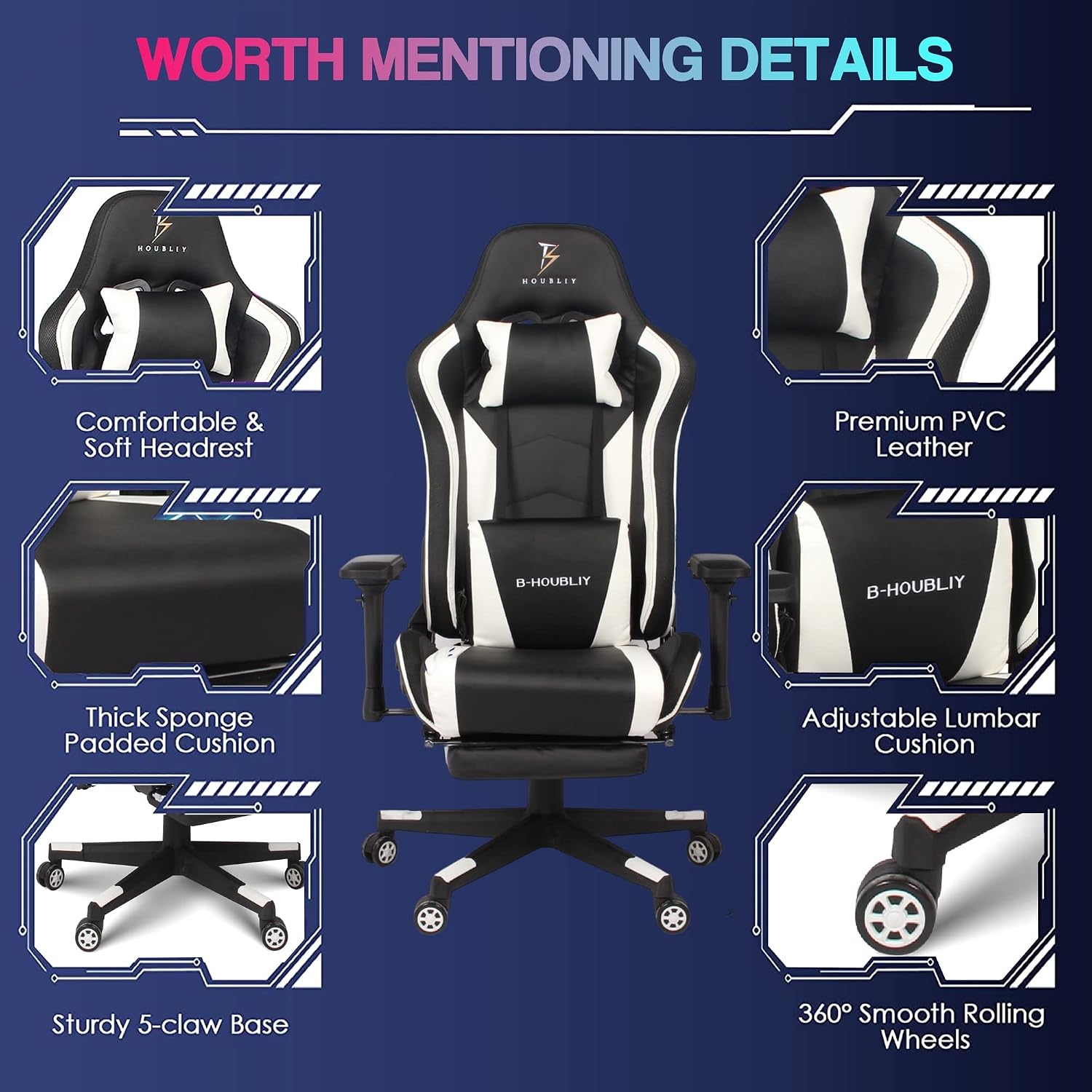 Gaming Chair with Bluetooth Speakers RGB Video Game Chairs with Full Massage PU Leather Ergonomic Pro Desk Chairs PC Racing Style Silla Gamer for Adults Teens,Black