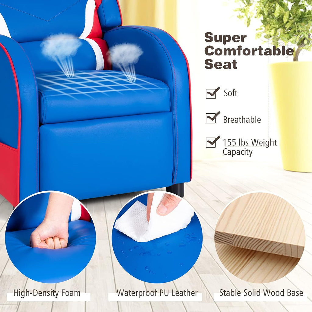 Kids Recliner, Kids Gaming Recliner Chair w/Adjustable Backrest & Footrest, 2 Side Pockets, Leather Armchair for Nursery, Bedroom, Comfy Toddler Chair Sofa for Boys & Girls (Blue)