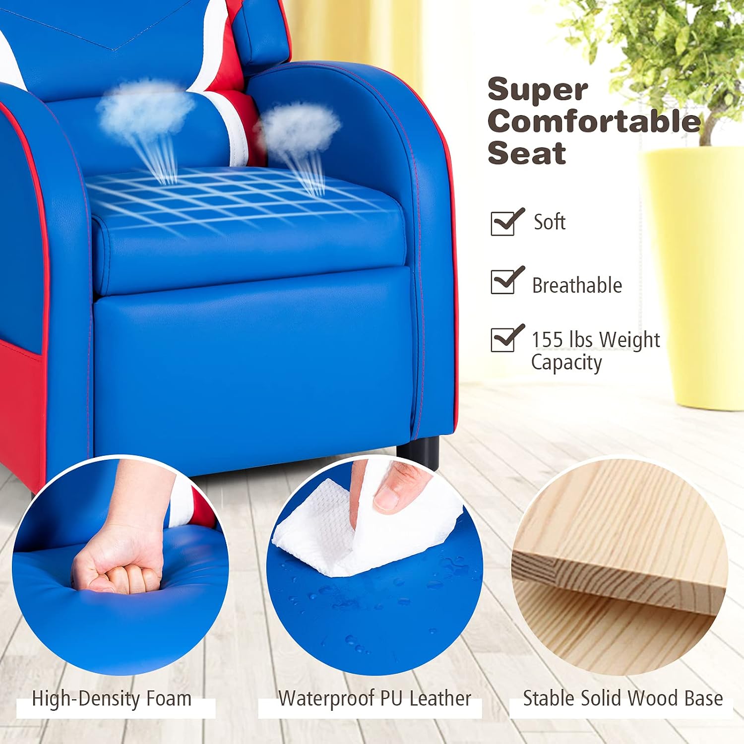 Kids Recliner, Kids Gaming Recliner Chair w/Adjustable Backrest & Footrest, 2 Side Pockets, Leather Armchair for Nursery, Bedroom, Comfy Toddler Chair Sofa for Boys & Girls (Blue)