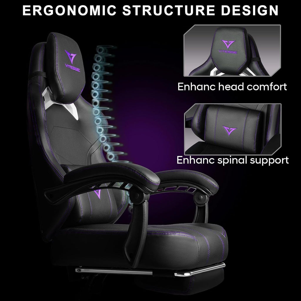 VITESSE Big and Tall Gaming Chair with Footrest,Ergonomic Video Gaming Chair with Oversized Headrest and Lumbar Support for Adults 400lb Weight Capacity,Computer Chair for Office or Gaming (Purple)