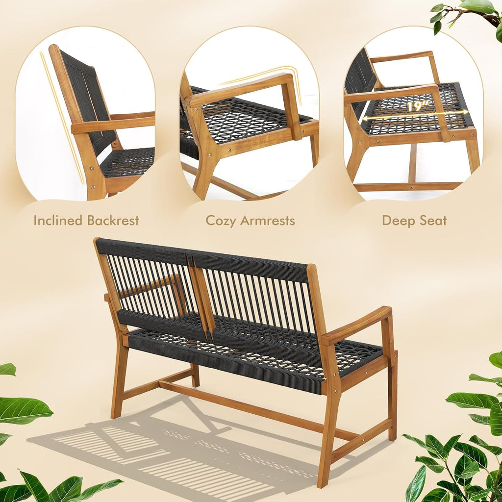 Tangkula Outdoor Acacia Wood Bench, All-Weather Rope Woven Garden Bench with Backrest and Armrests, 2-Person Patio Bench for Porch, Backyard, 705 Lbs Max Load