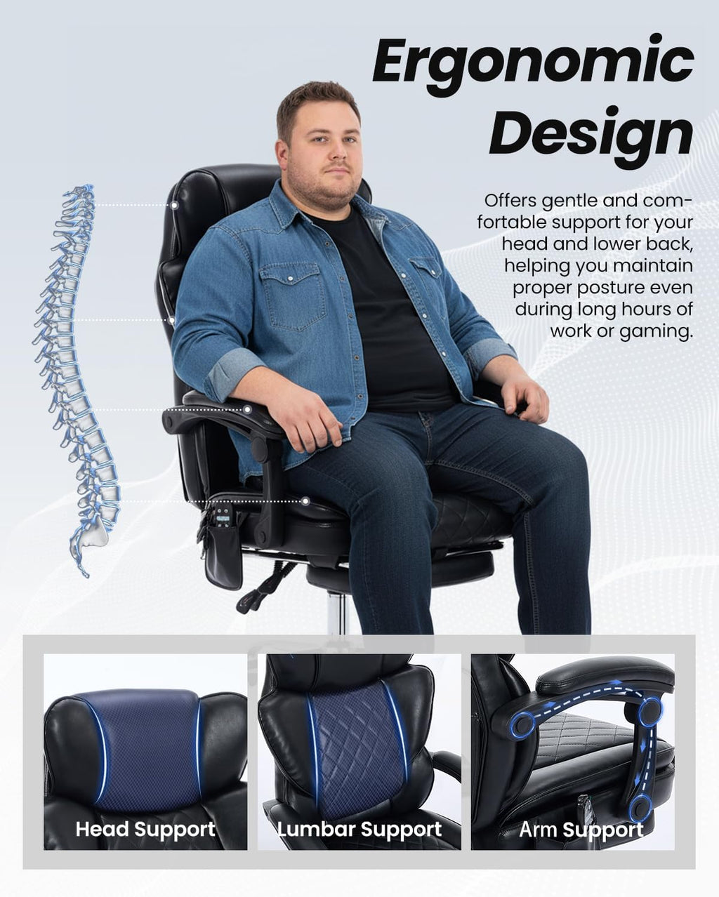 500LBS Massage Office Chair with Foot Rest, 6 Points Vibration and Heat Home Office Desk Chairs, 22.05' Wide Big and Tall Office Chair for Heavy People, Ergonomic Reclining Gaming Chairs, Black