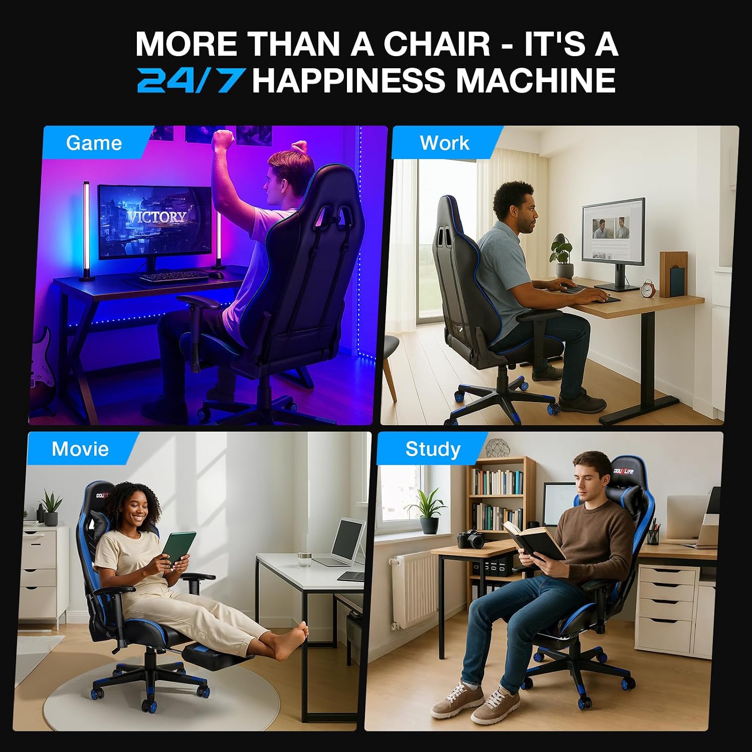 Douxlife 7-Point Massage Gaming Chair with Footrest, 400lbs Heavy Duty Ergonomic Computer Chair, 175° Reclining High Back Racing Seat for Adults with Adjustable Armrests & Lumbar Support, Blue