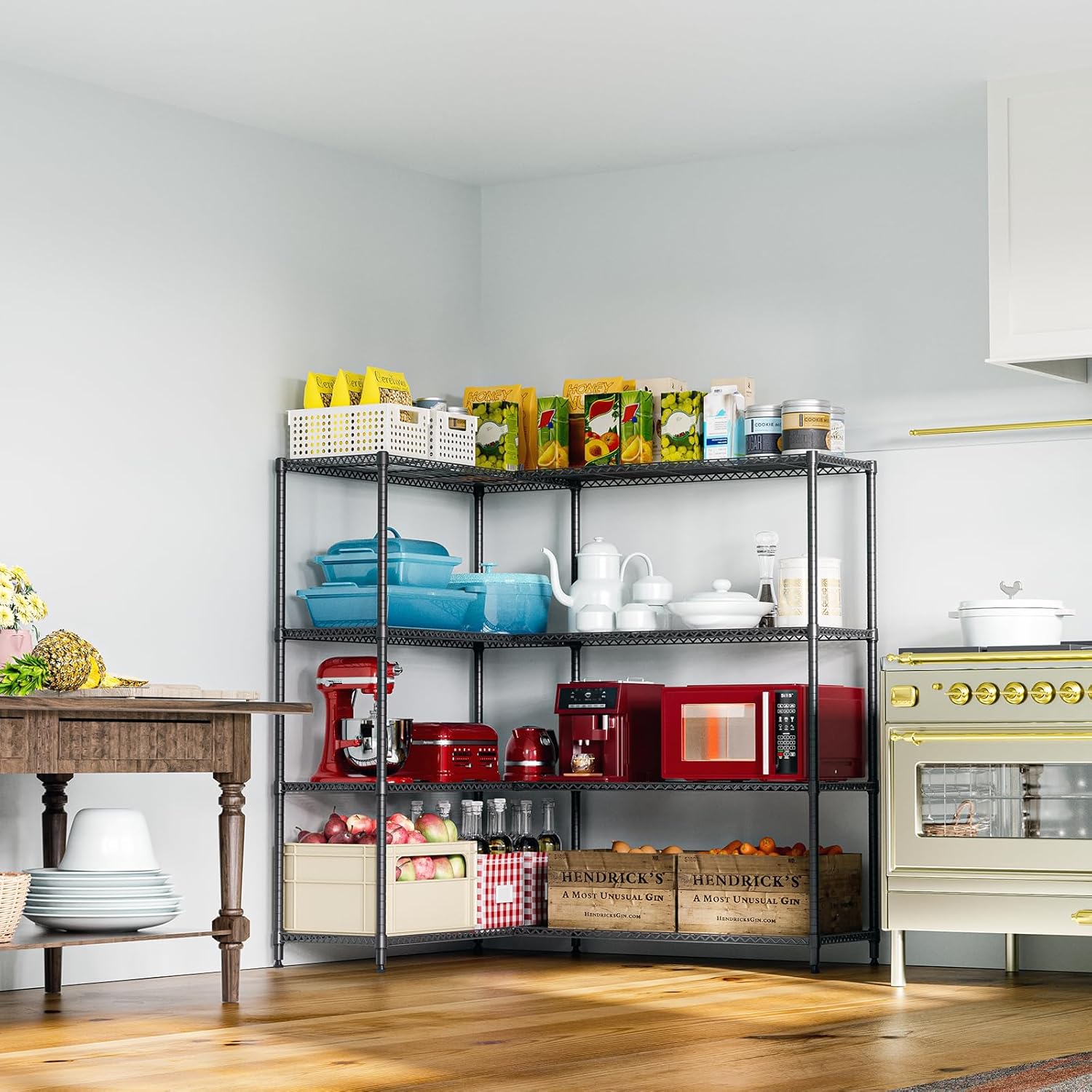 IZEUK Linked Storage Racks, DIY Adjustable Heavy Duty Metal Shelving Unit for Corner, Ideal for Kitchen, Garage, Warehouse, and Garden (Black, 4 Tiers, 15.7' D x 33.5' W x 59.5' H, 1147 lbs Capacity)