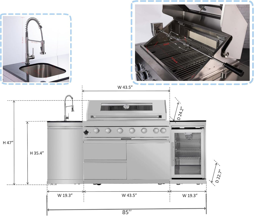 Modular Outdoor Kitchen BBQ Island, 85' Outdoor Kitchen Propane Gas Island Grill with Sink, Compact Refrigerator, Storage Cabinets, Rotisserie Kit (Silver, 85')