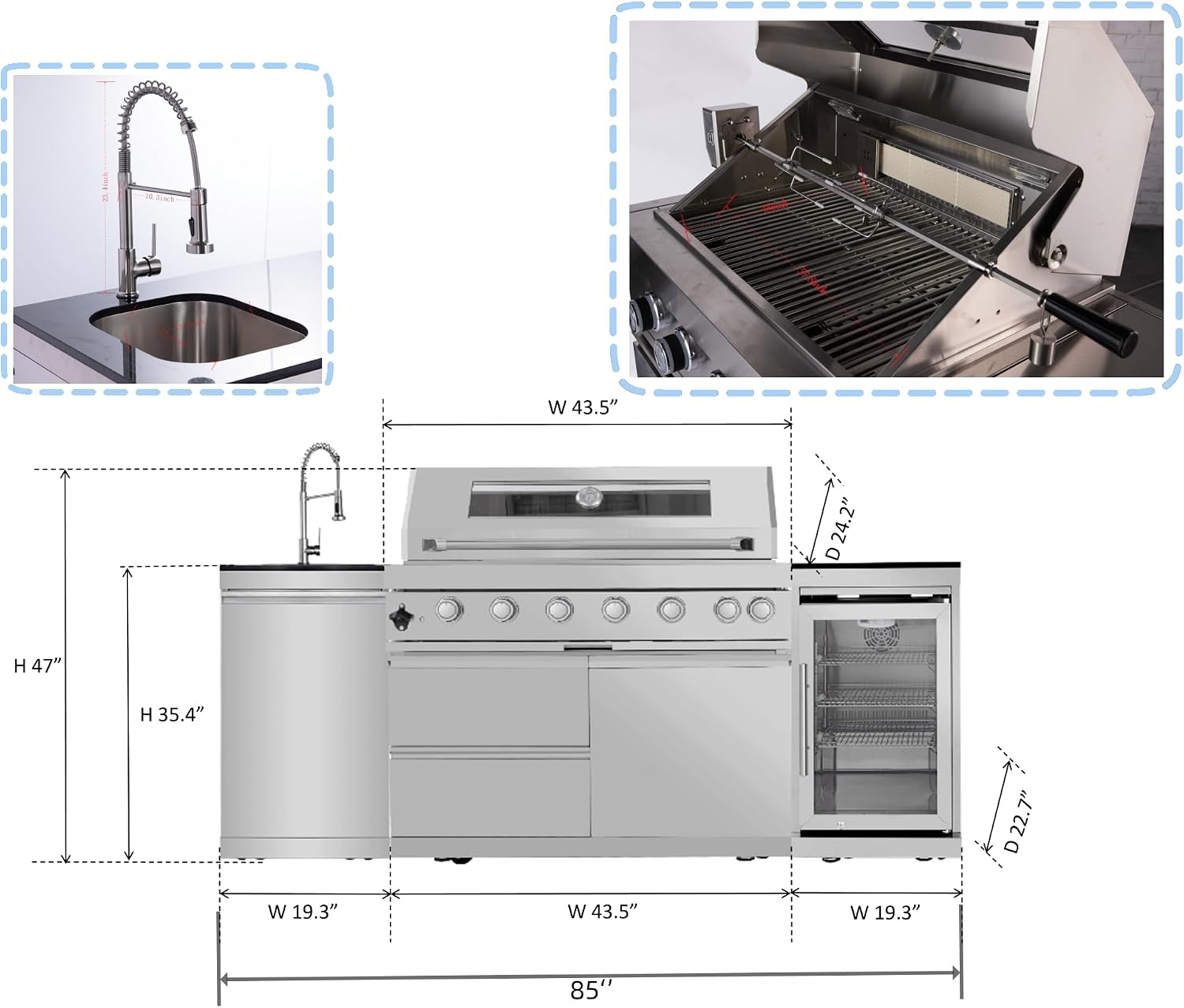 Modular Outdoor Kitchen BBQ Island, 85' Outdoor Kitchen Propane Gas Island Grill with Sink, Compact Refrigerator, Storage Cabinets, Rotisserie Kit (Silver, 85')
