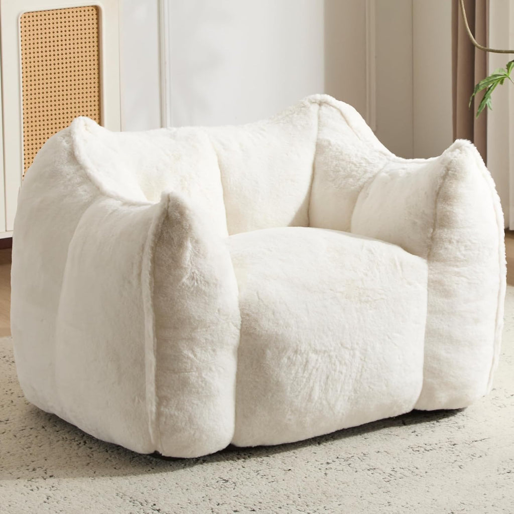 Giant Bean Bag Chair, Comfy Large Bean Bag Chairs for Adults and Kids, Fluffy Faux Rabbit Fur Floor Sofa for Living Room Bedroom Apartment, Beige
