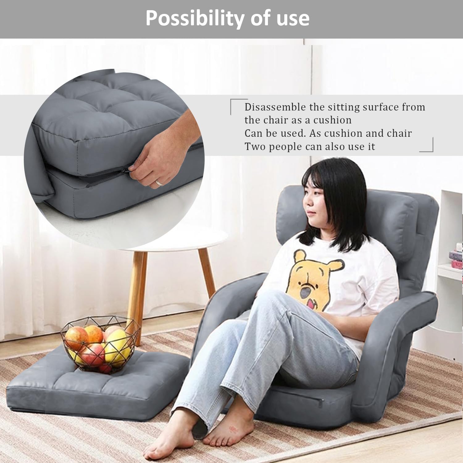 Floor Chair, Floor Gaming Chair with 14 Adjustable Position&Back Support, Folding Lounge Chair with Armrest for Adults, Lazy Sofa Lounger with Comfy Cushion for Living Room,Bedroom,PU,Grey
