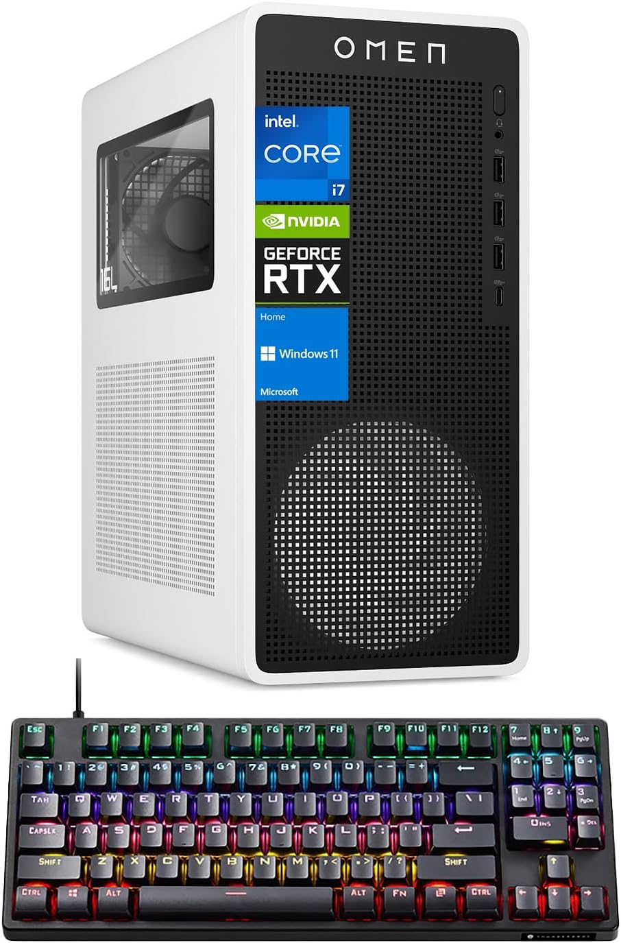 HP OMEN 16L TG03 RTX 5060 Gaming Desktop, Intel Core i7-14700F, NVIDIA RTX 5060, 64GB DDR5 RAM, 4TB SSD, RGB Light Studio & Gaming Hub, W11H,White, Bundle with Thunderobot KG3089R Gaming Keyboard