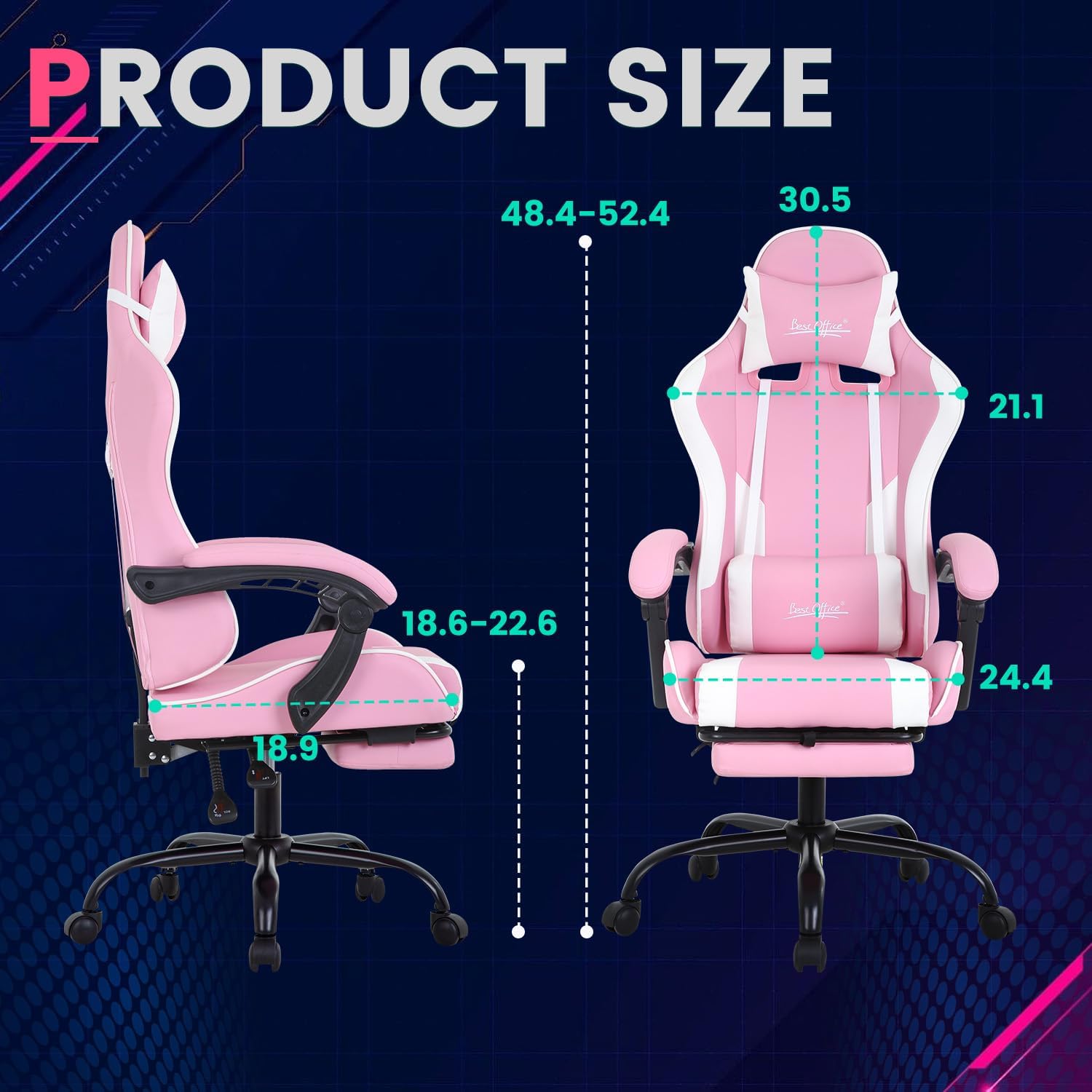 Gaming Chair Office Chair Desk Chair with Footrest Lumbar Support Headrest Armrest Task Rolling Swivel Ergonomic E-Sports Adjustable PC Gamer Chair(Pink)