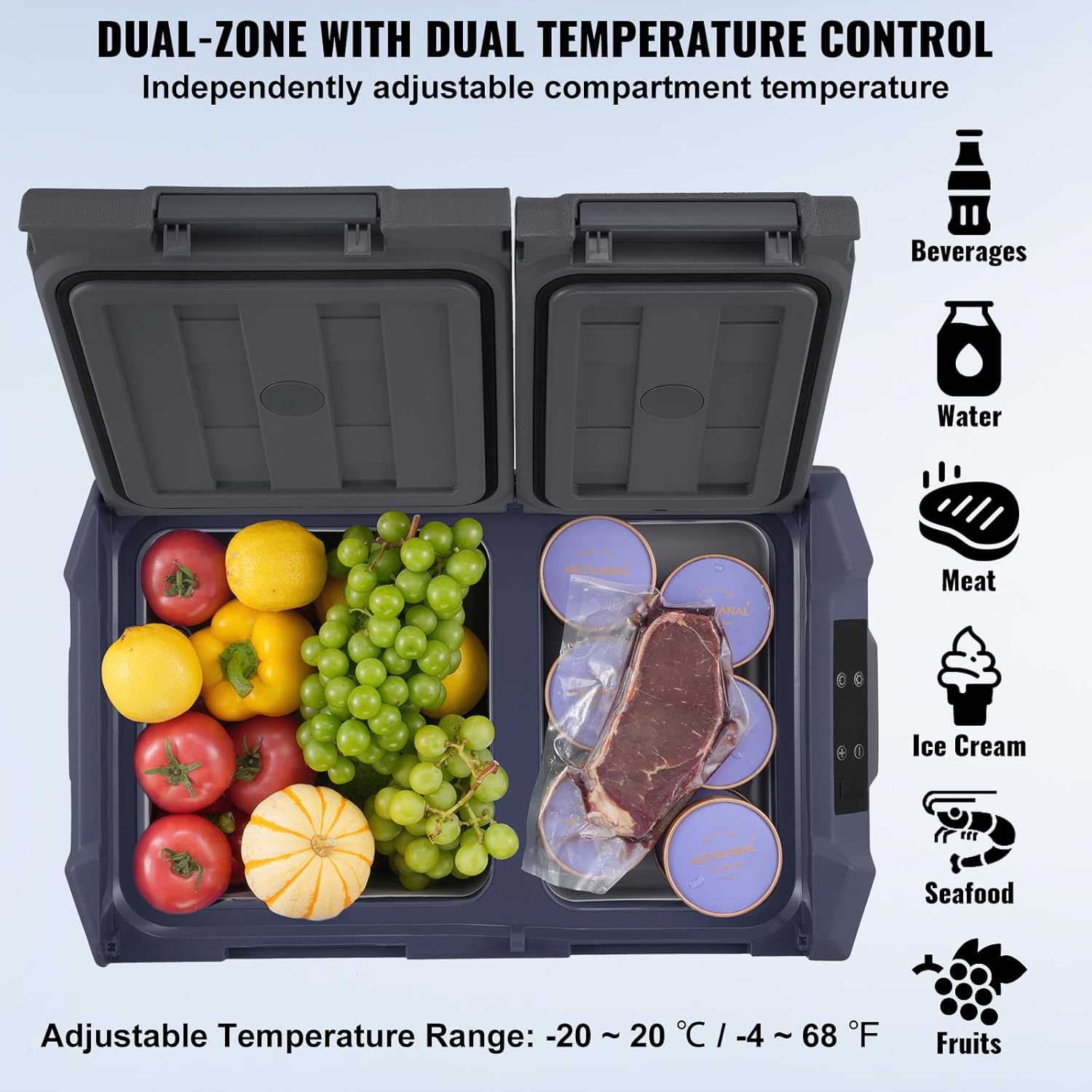 VEVOR Car Refrigerator, 12 Volt Car Refrigerator Fridge, 40 L Dual Zone Portable Freezer, -4℉-68℉ Adjustable Range, 12/24V DC and 100-240V AC Compressor Cooler for Outdoor, Camping, RV