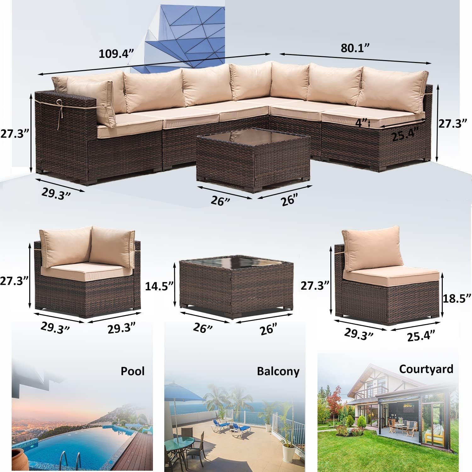 9 Pieces Outdoor Patio Furniture Sets,Wicker Conversation Set Sectional Sofa,Includes 8 All-Weather High Back PE Rattan Seating Components w/Thickened Cushions&Coffee Table,Sand
