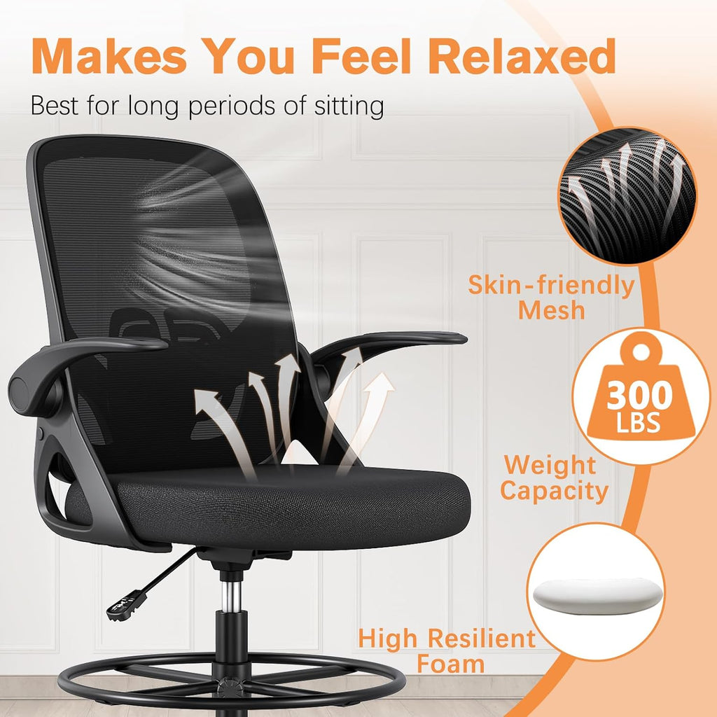 ORRSAKER Drafting Chair Tall Office Chair for Standing Desk, Breathable Mesh Ergonomic Computer Desk Chair with Flip-Up Armrests, Adjustable Lumbar Support and Footrest Ring,300 LBS，Black