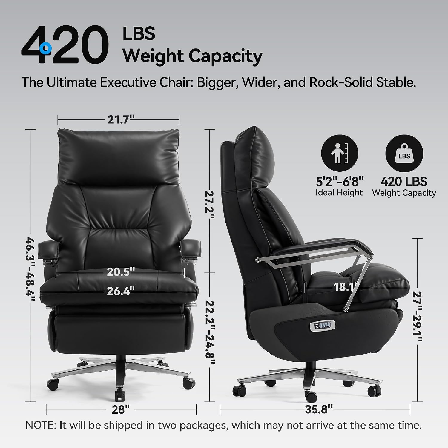 OKUP® M80A Dual Motor Electric Executive Office Chair with Heat Massage Ventilation, Comfortable Reclining Office Chair Wide Seat, Ergonomic Leather Home Office Desk Chair (Black,Multi-Functionality)