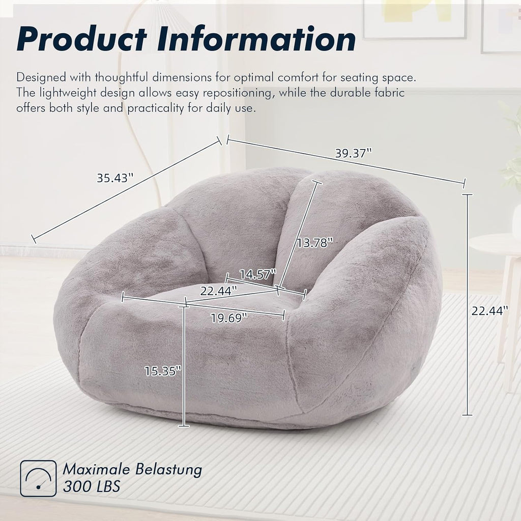 3.28 Feet Bean Bag Chair for Adults, Shell-Shaped Bean Bag Lazy Couch, Faux Fur Cloud Sofa Chair, Lounge Floor Sofa with Filler for Reading, Gaming & Watching, No Assembly Required (Light Grey)