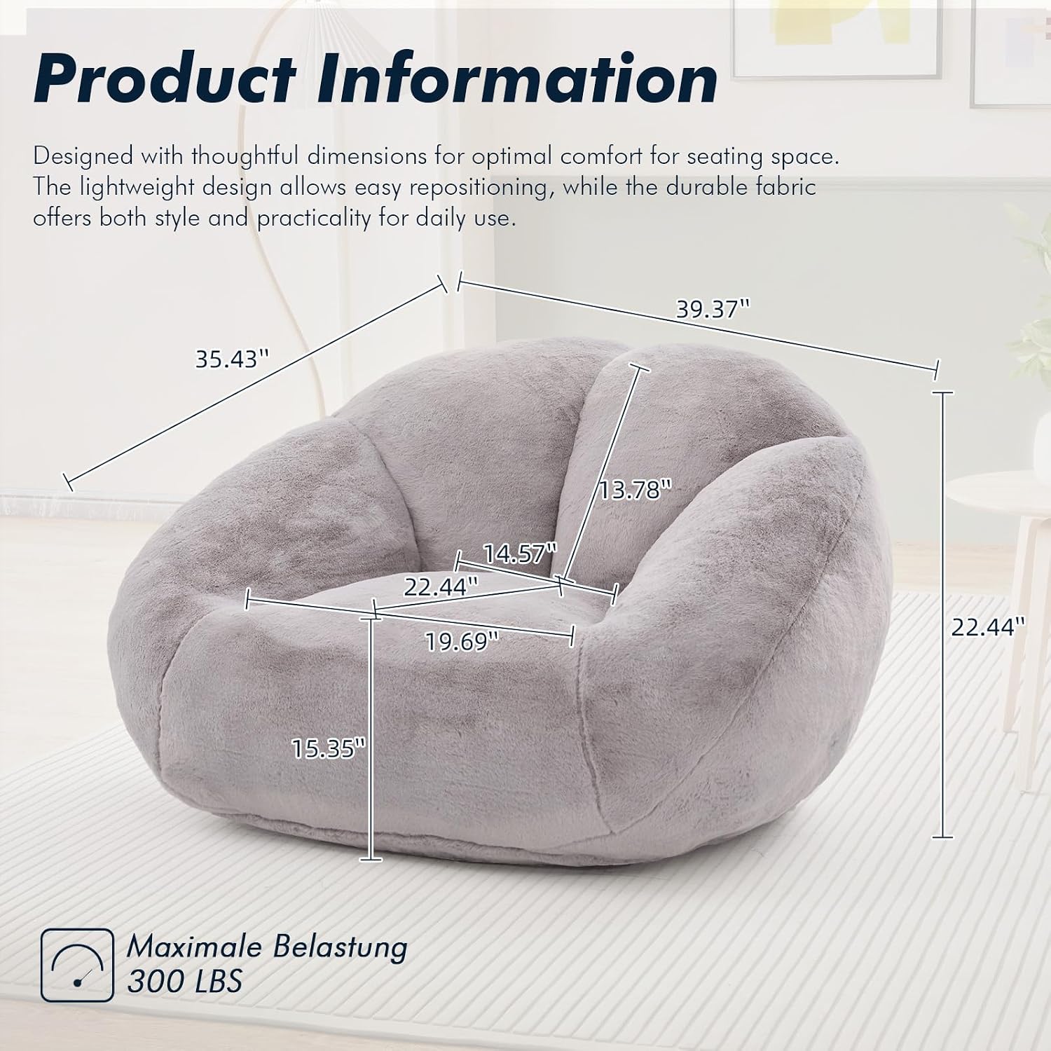 3.28 Feet Bean Bag Chair for Adults, Shell-Shaped Bean Bag Lazy Couch, Faux Fur Cloud Sofa Chair, Lounge Floor Sofa with Filler for Reading, Gaming & Watching, No Assembly Required (Light Grey)