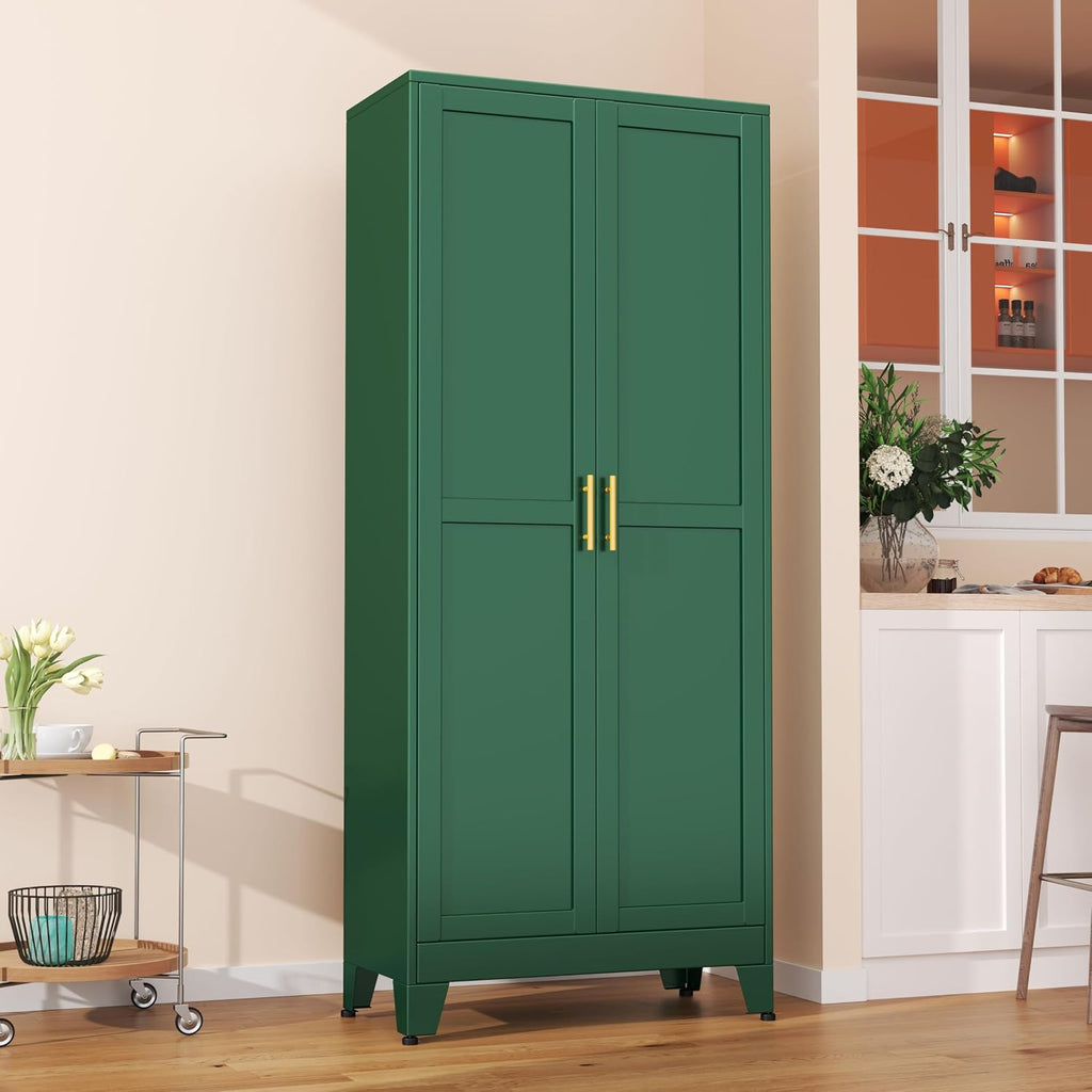 pozdeg 75' Tall Pantry Cabinet, Metal Kitchen Storage Cabinet with 2 Doors and 5 Adjustable Shelves, White Storage Cabinet Cupboard for Kitchen, Dining Room, Living Room and Bathroom (Green)