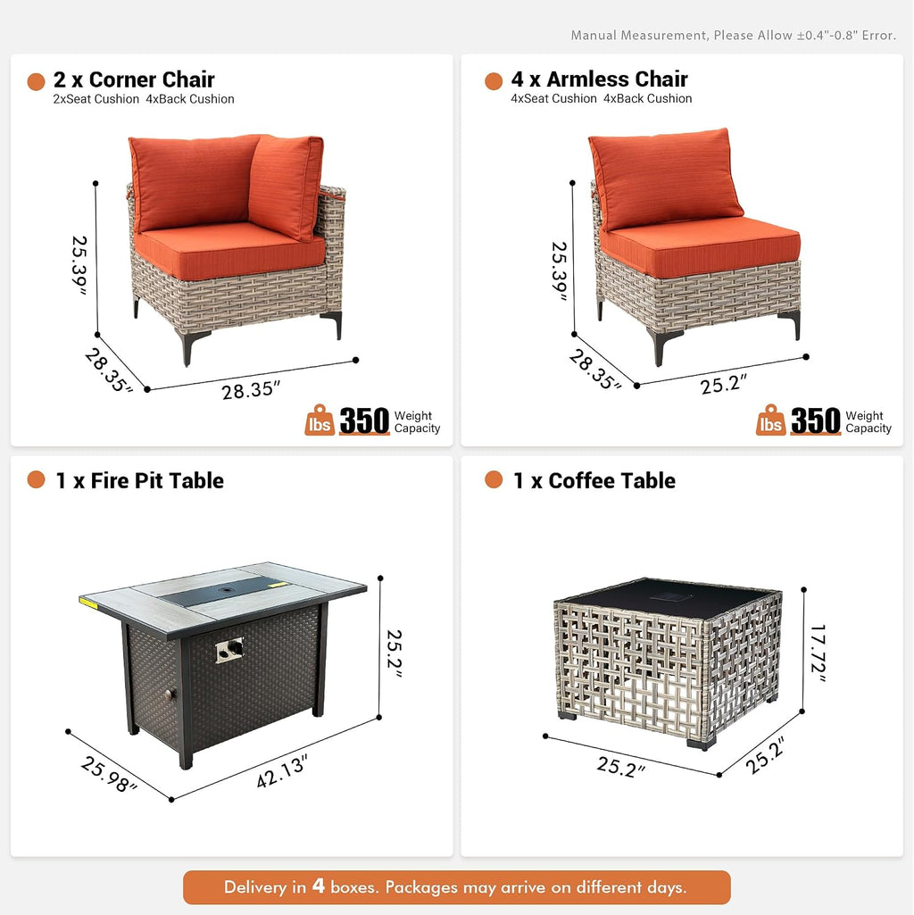 Outdoor Sectional Patio Furniture Set with Fire Pit Table and Glowing Table,8 Pieces Wicker Conversation Sets L Shaped Couch Out Door Sofa Set Outside Furniture for Garden Deck Yard,Orange Red
