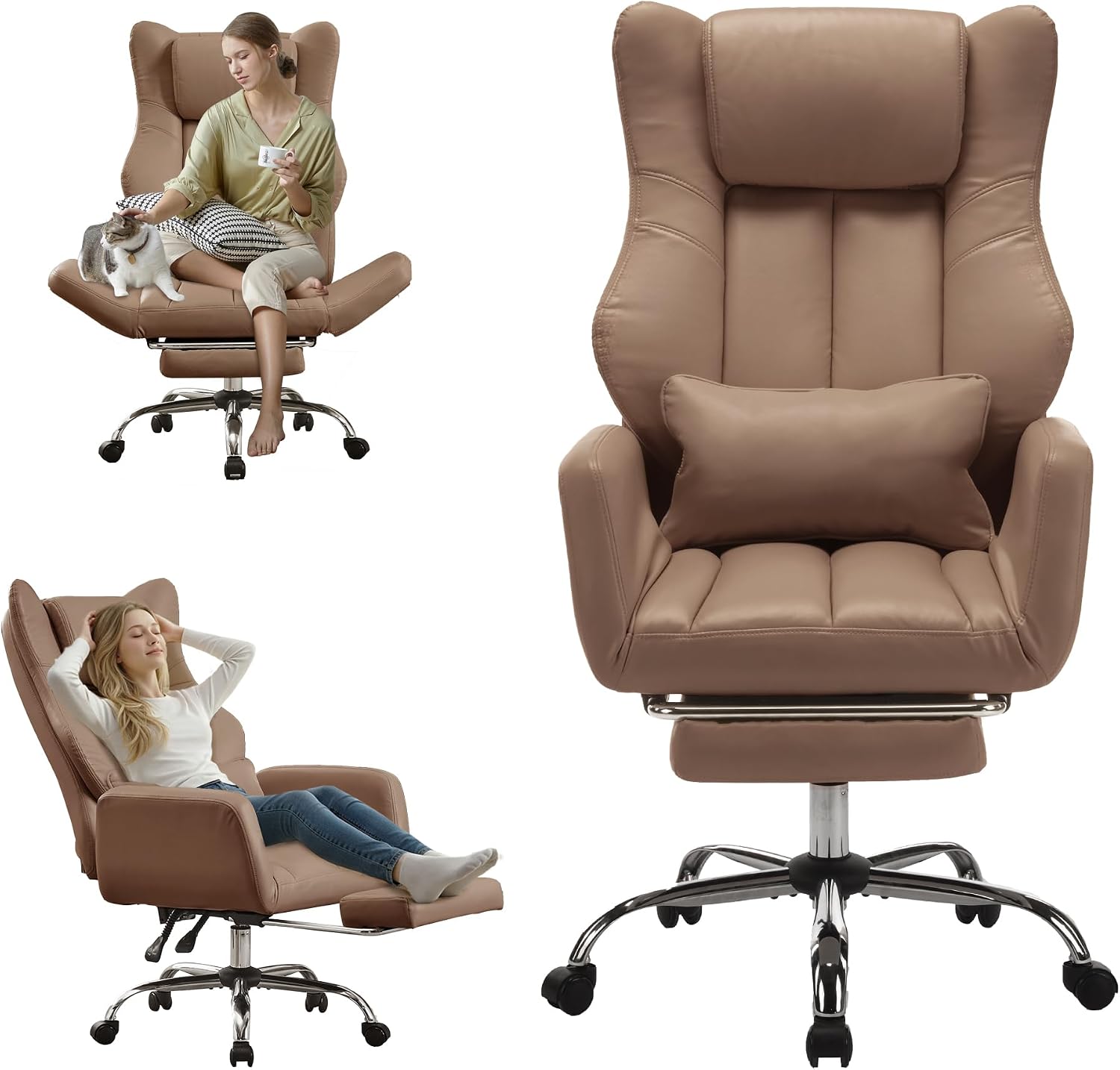 Ergonomic Cross Legged Office Chair with Footrest,Leather Big and Tall Executive Chair with Wheels,Reversible Armrest and Lumbar Pillow,155° Reclining Computer Wide Desk Chair for Home,Office (Brown)