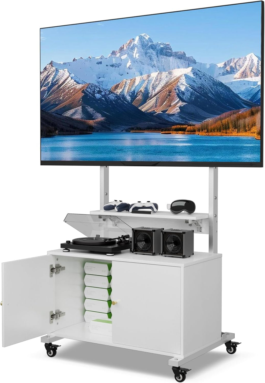 Entertainment Center with TV Mount,Rolling TV Stand with Storage Suitable for 32-75in Screen,TV Floor Stand on Wheels with Foldable Table,Height Adjustable Mobile TV Stand for Outdoor and Living Room