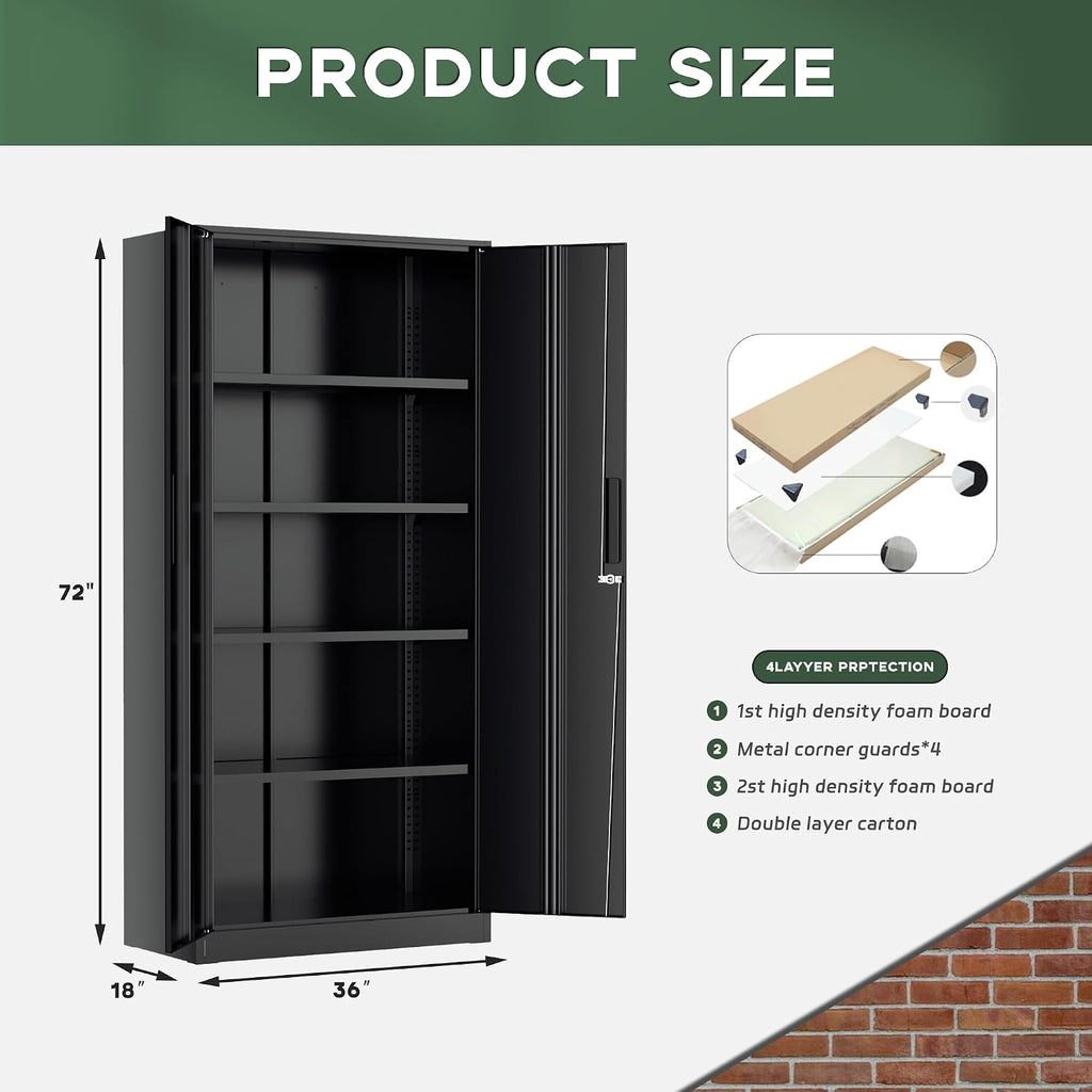 Greenvelly Metal Garage Storage Cabinet, 72' Lockable Storage Cabinet with Adjustable Shelves, Steel Tool Cabinets, Black Metal File Cabinet for Home Office, Garage, School, Classroom(36' W x 18' D)
