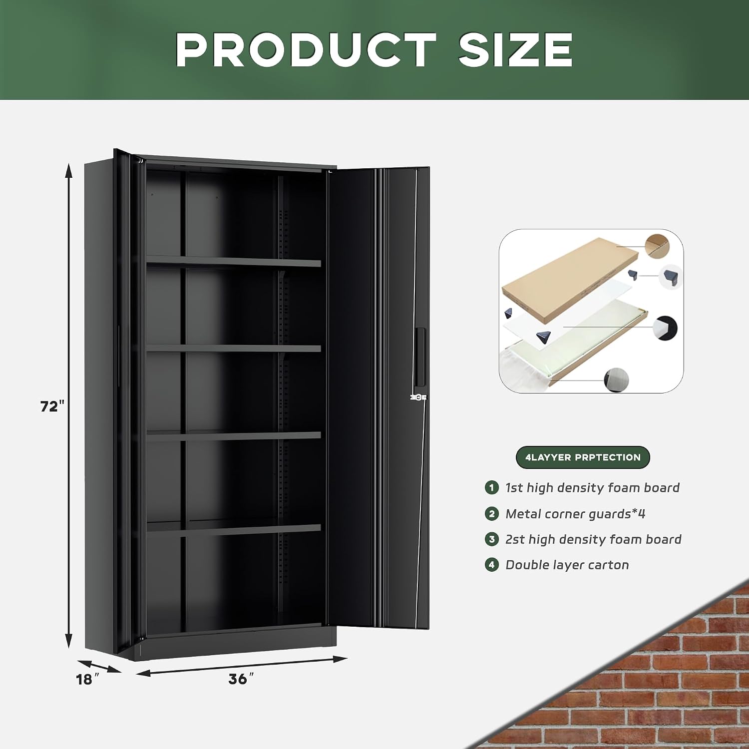 Greenvelly Metal Garage Storage Cabinet, 72' Lockable Storage Cabinet with Adjustable Shelves, Steel Tool Cabinets, Black Metal File Cabinet for Home Office, Garage, School, Classroom(36' W x 18' D)