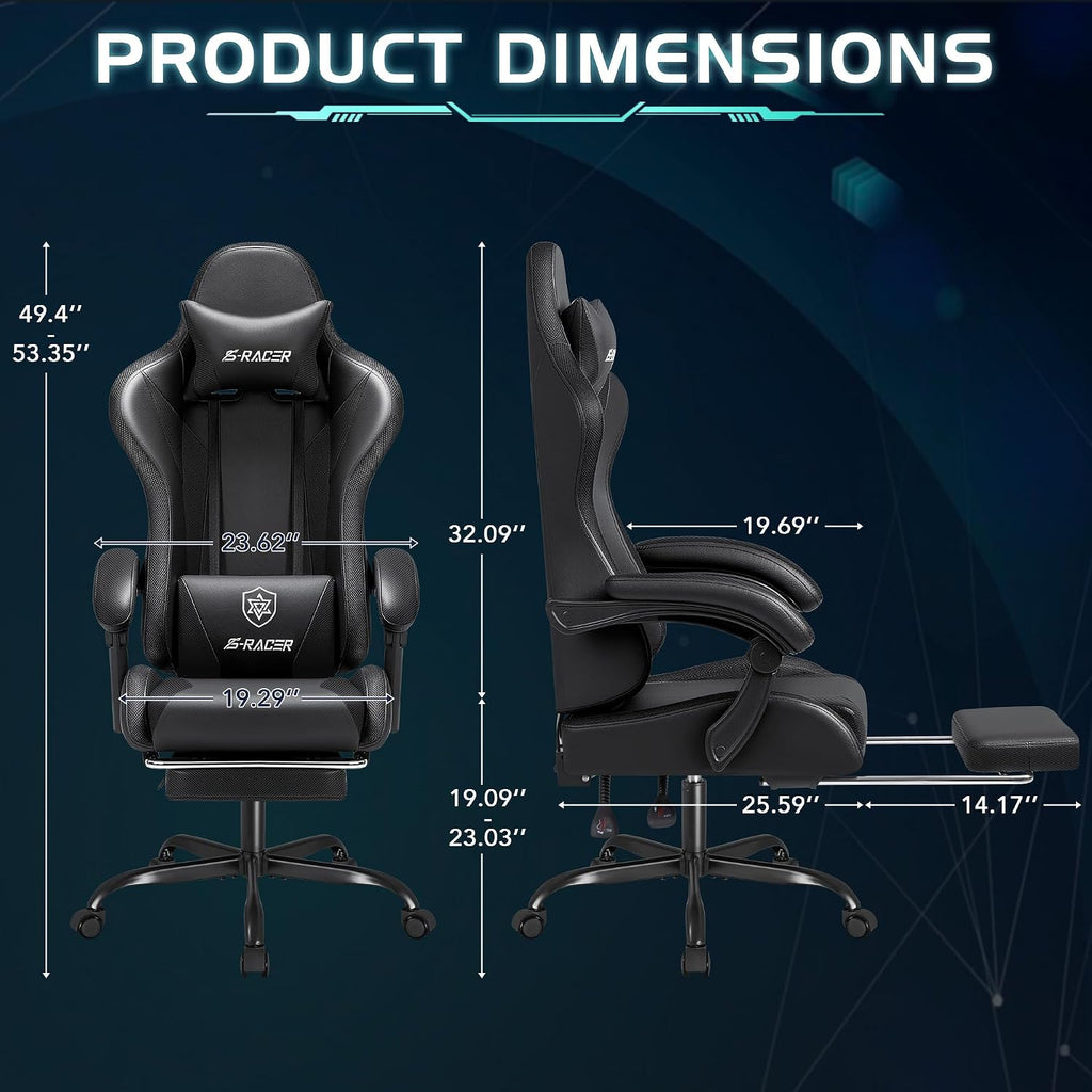 Homall Gaming Chair with Massage & Footrest, Ergonomic Computer Office Chair, High-Back Racing Style Reclining Chair with Adjustable Lumbar Support, PU Leather for Adults (Black)