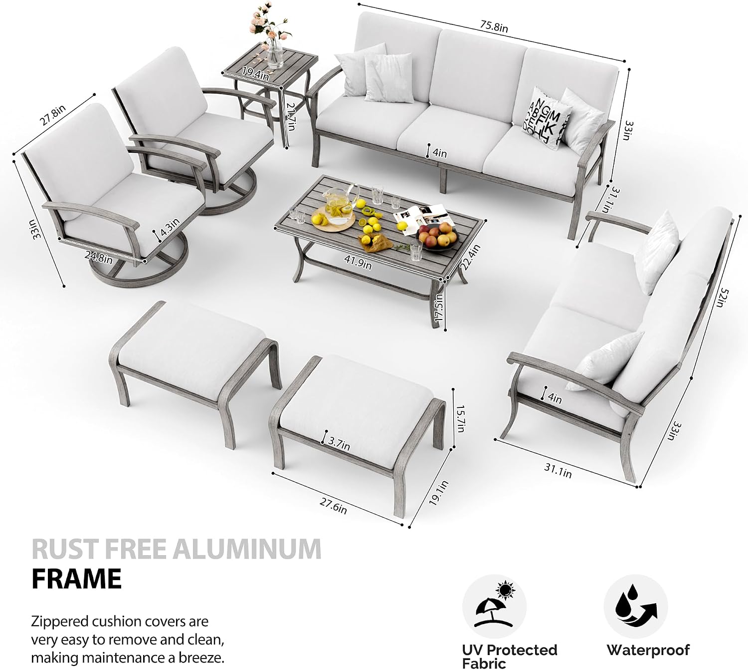 HAPPATIO 8 Piece Aluminum Patio Furniture Set, 3-Seat Outdoor Couch and Loveseat, All-Weather Outdoor Sectional Sofa with Swivel Armchairs, Garden Conversation Set with Tables (Gray)