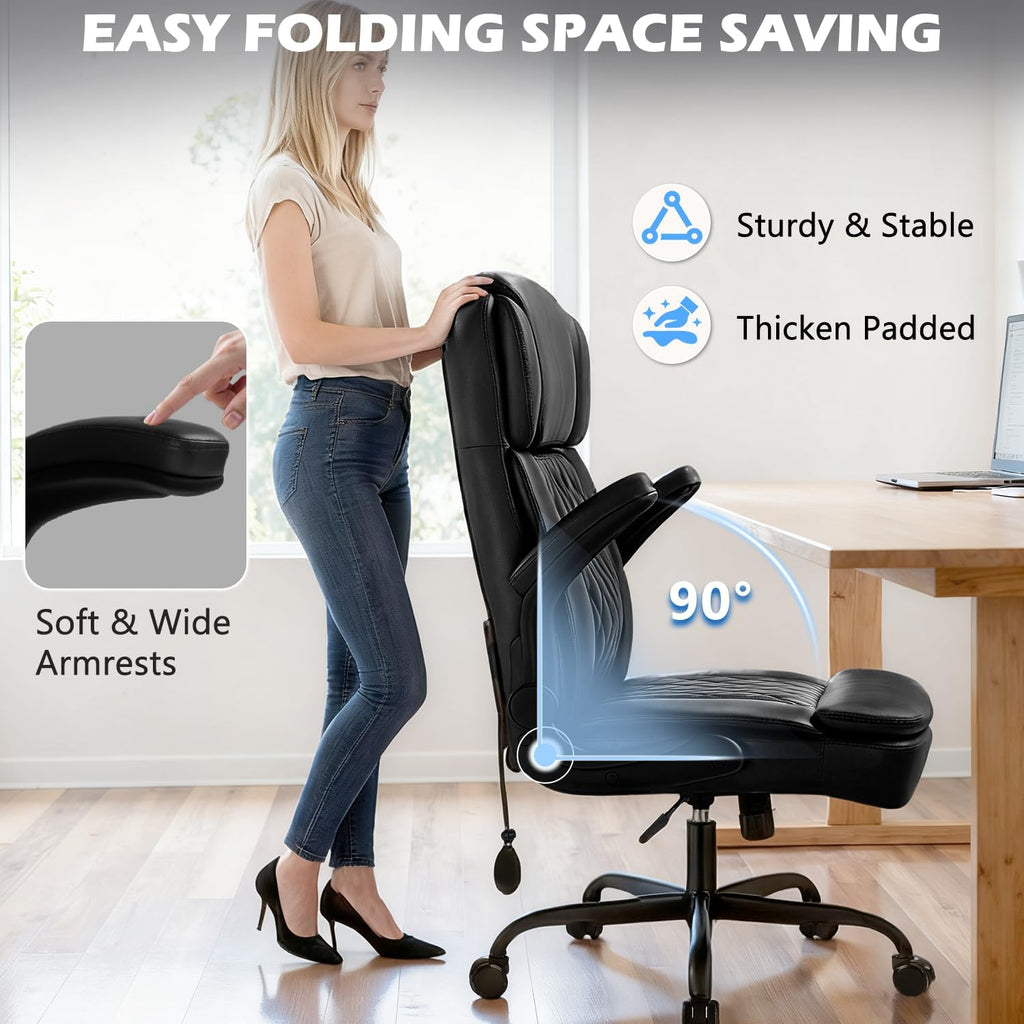 450lbs Executive Office Chair for Heavy People, Ergonomic Big and Tall Desk Chair with Adjustable Lumbar Support&Flip Up Armrest,High Back PU Leather Comfy Swivel Computer Chair