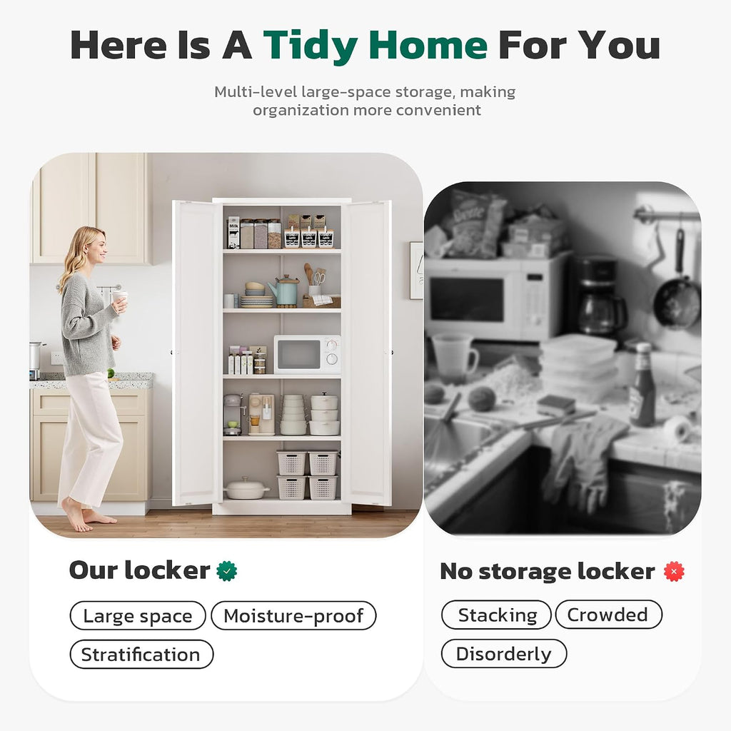 Greenvelly Metal Cabinet, 63' H White Metal Storage Cabinet with Doors and 4 Shelves, Pantry Storage Cabinet for Kitchen, Bedroom, Living Room, Office (Modern)